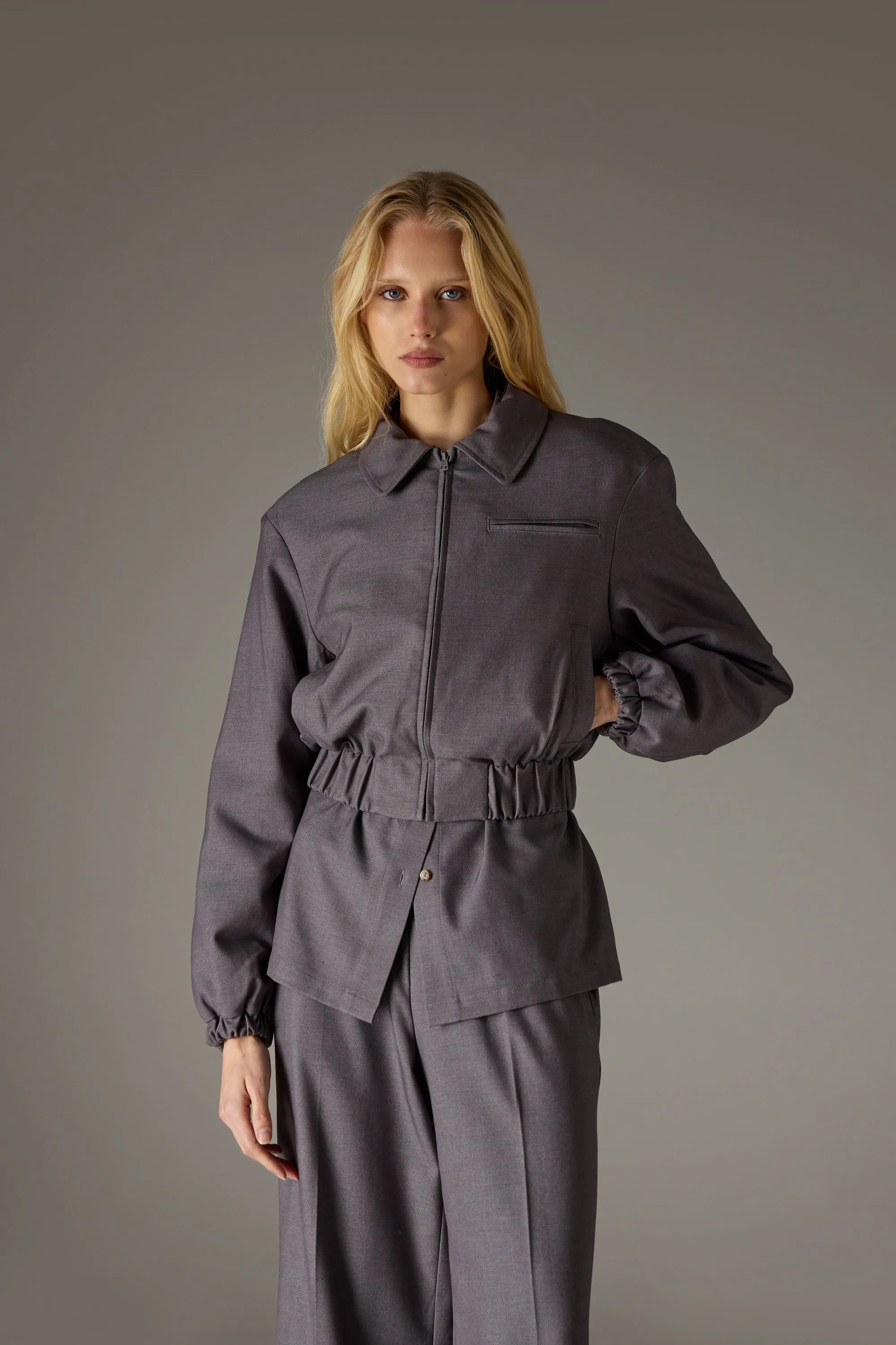 TAILORED SHOULDER PADDED BOMBER JACKET - GREY sold by The Couture Club product image thumbnail 2