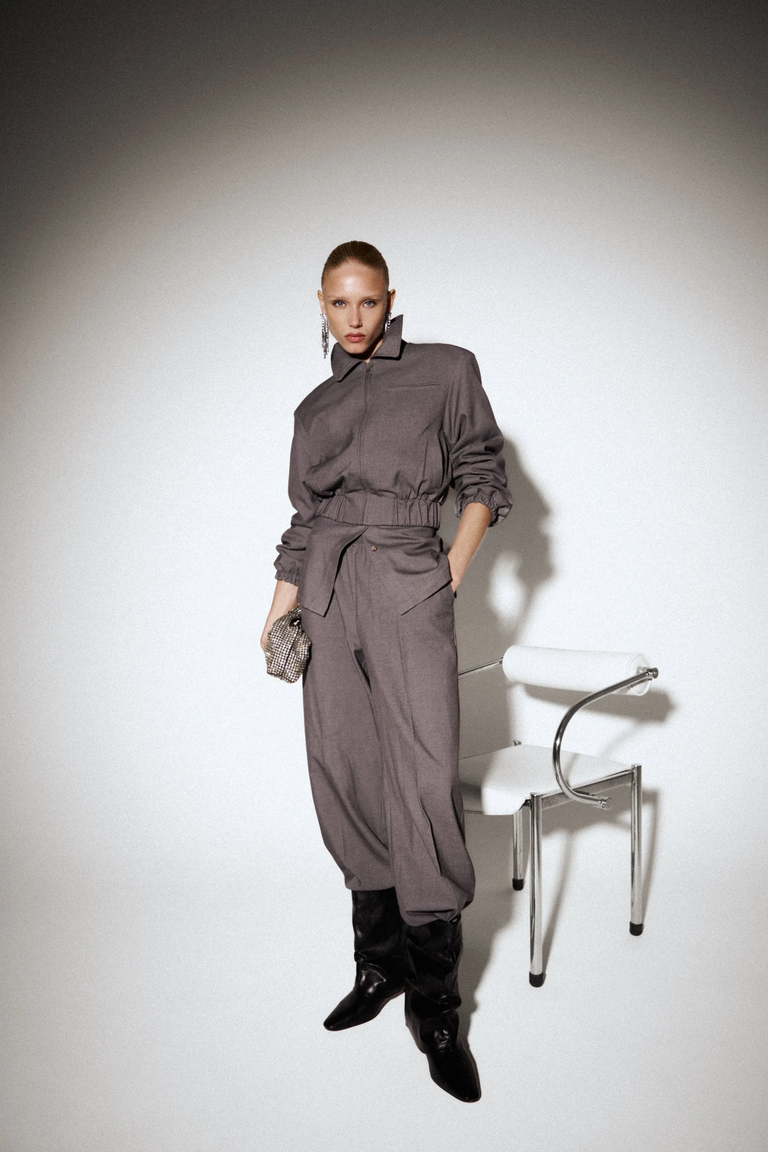 TAILORED SHOULDER PADDED BOMBER JACKET - GREY sold by The Couture Club product image thumbnail 5