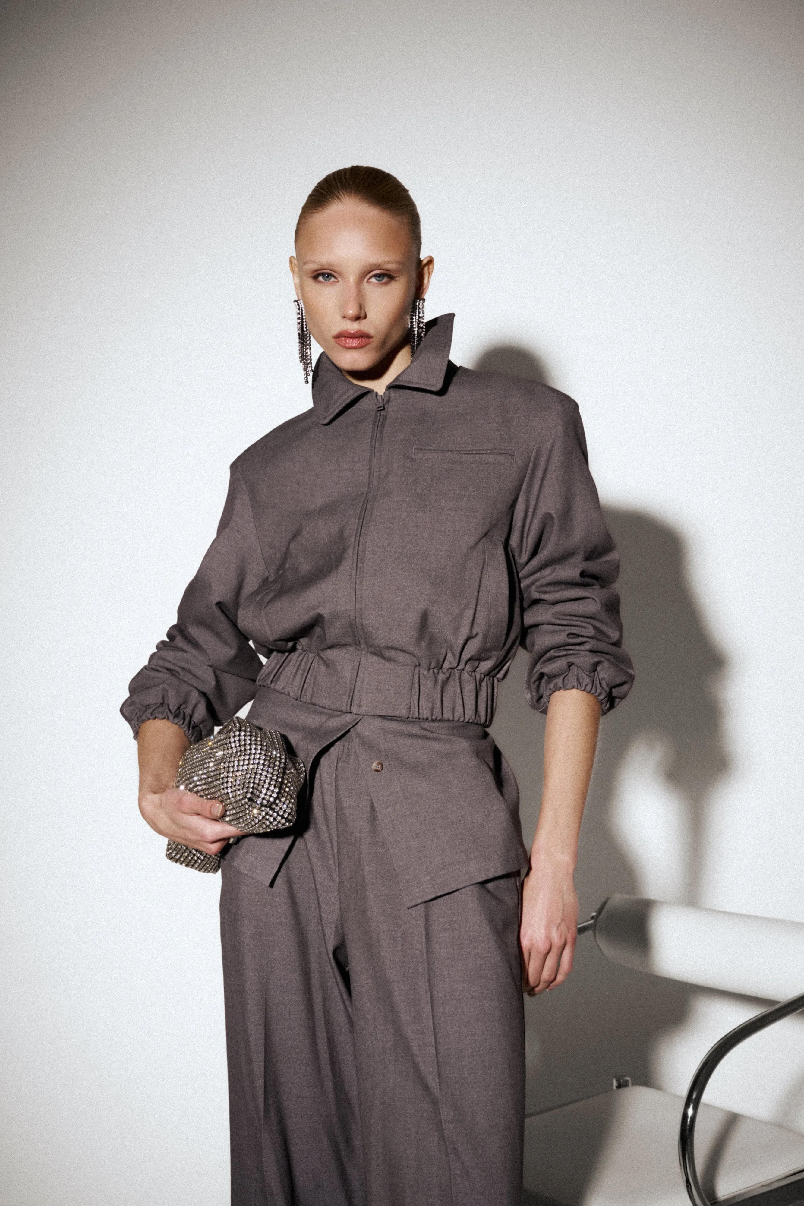 TAILORED SHOULDER PADDED BOMBER JACKET - GREY sold by The Couture Club product image thumbnail 4