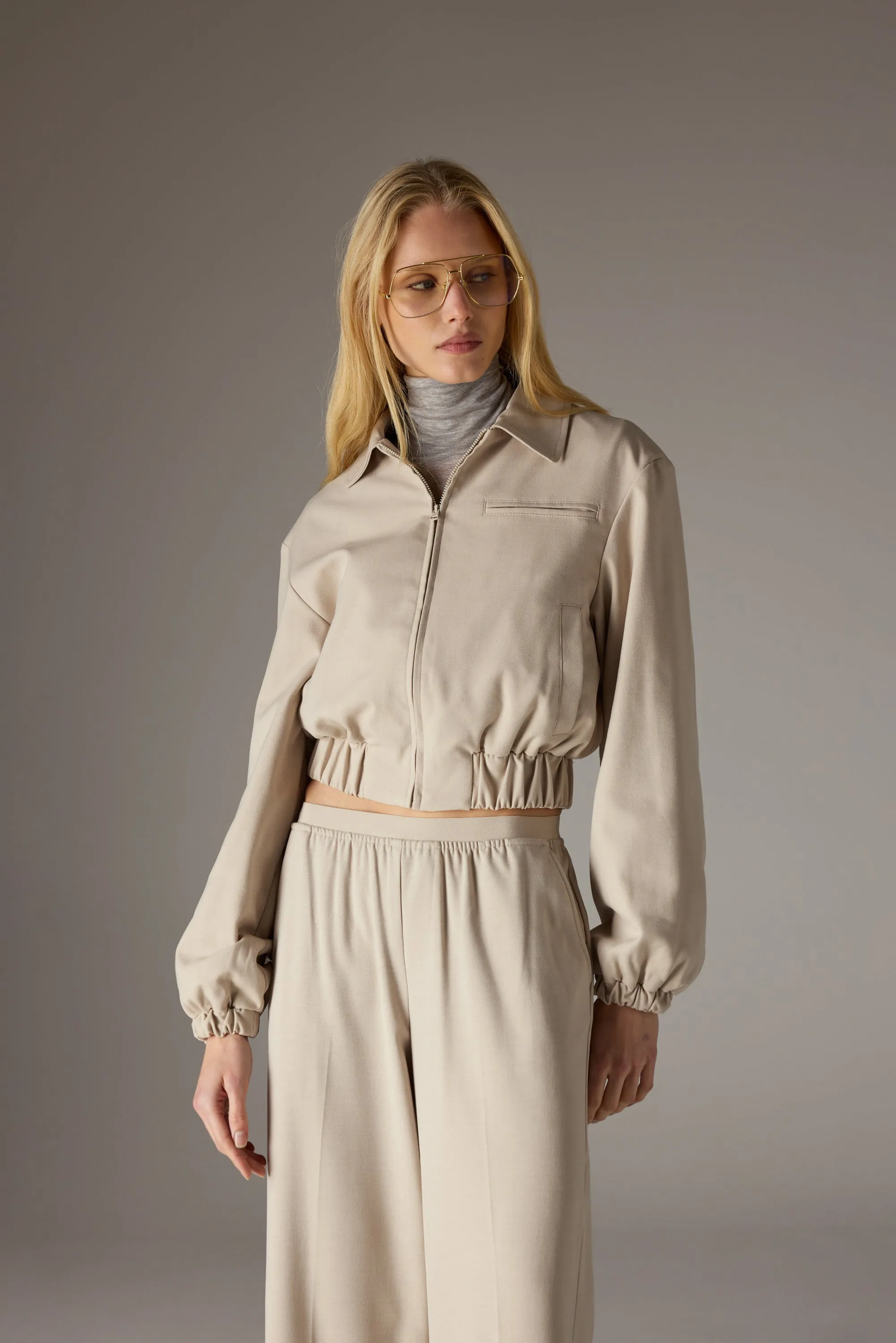 TAILORED SHOULDER PADDED BOMBER JACKET - BEIGE sold by The Couture Club product image thumbnail 2