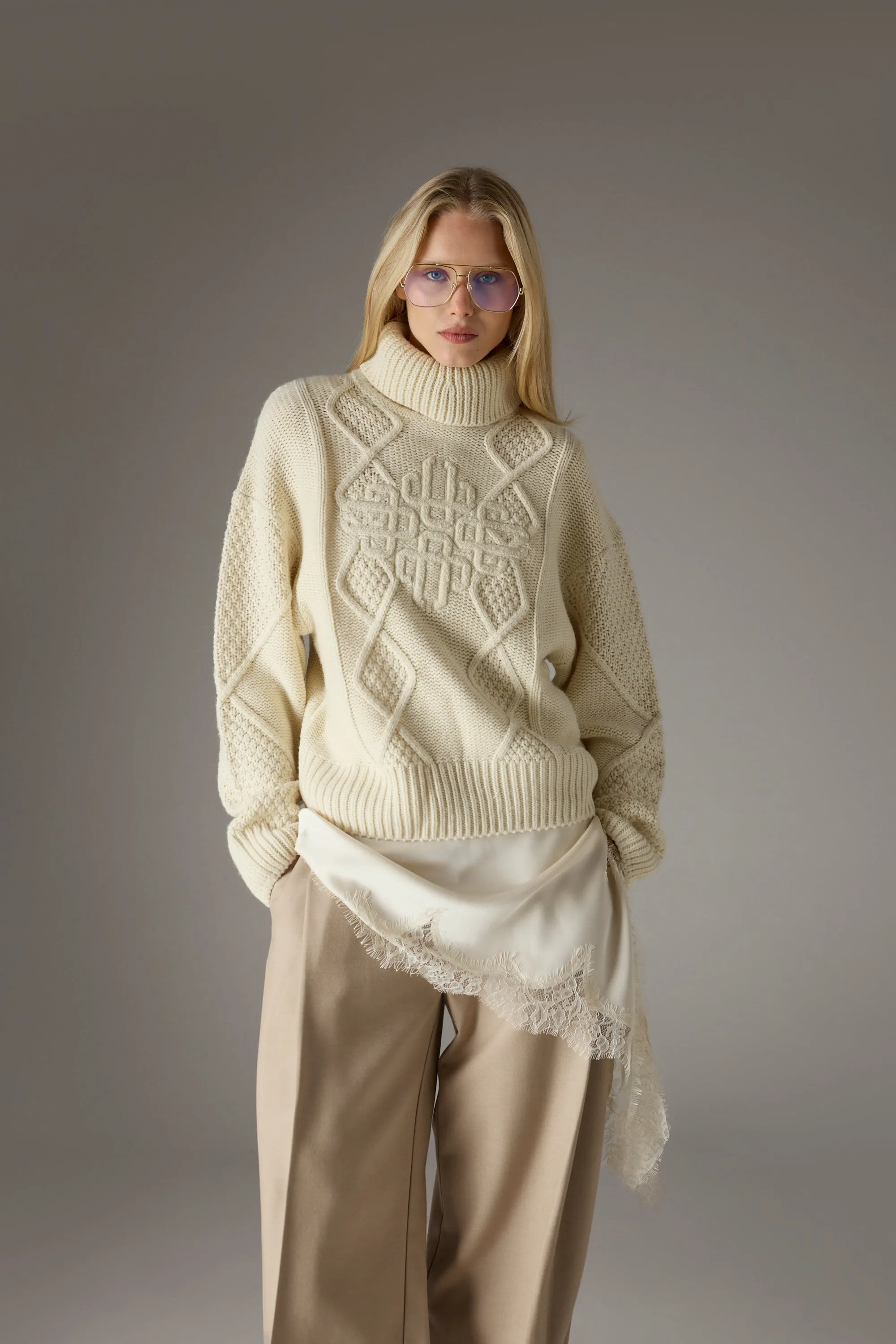 ROLL NECK EMBLEM JUMPER - CREAM sold by The Couture Club product image thumbnail 2