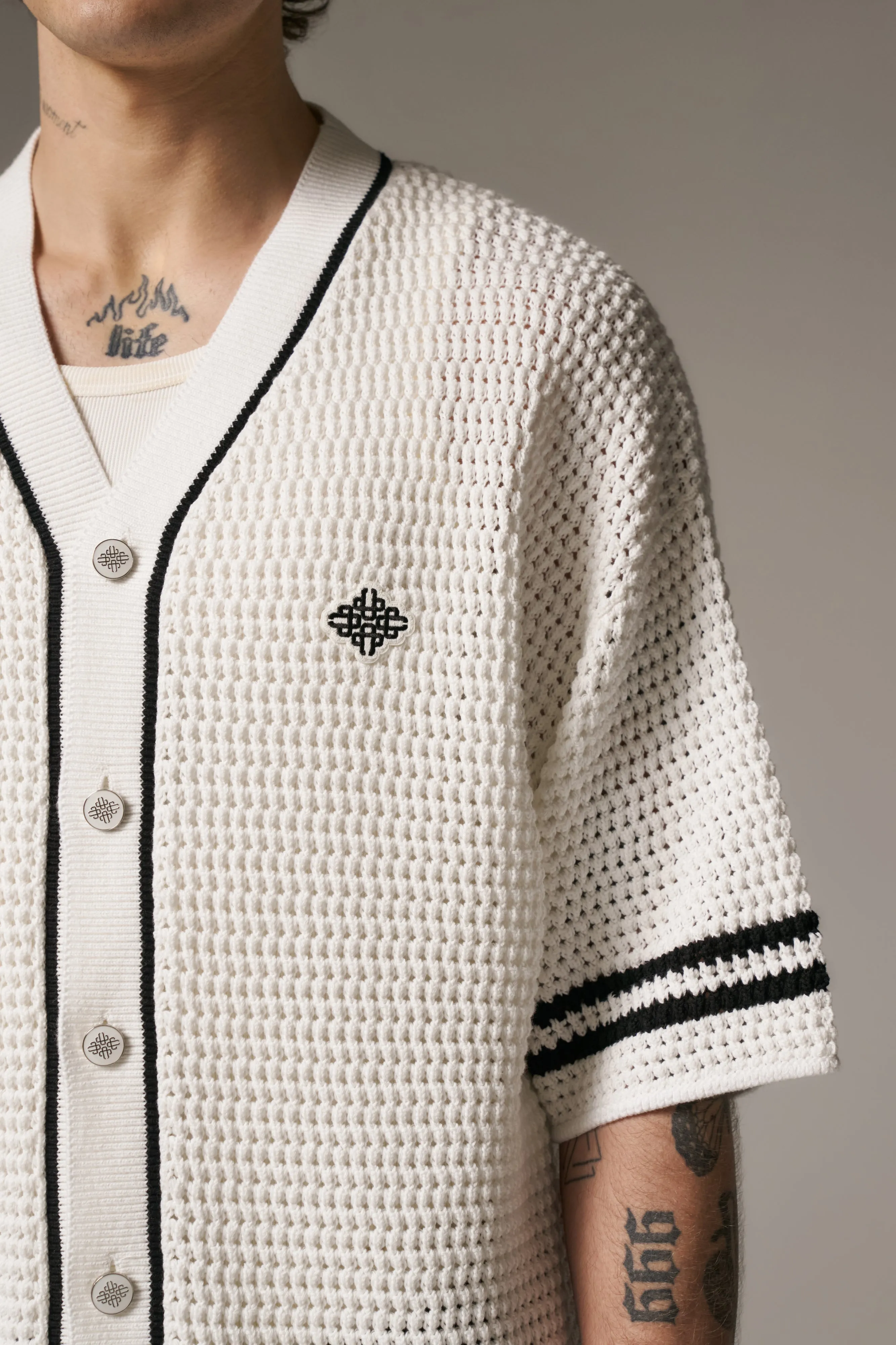 CROCHET KNITTED BASEBALL SHIRT - WHITE sold by The Couture Club product image thumbnail 5