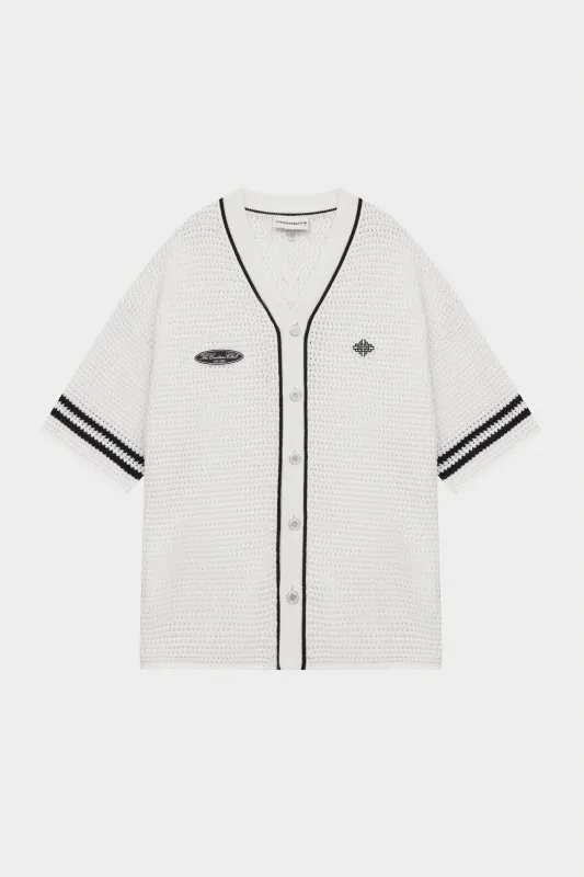 CROCHET KNITTED BASEBALL SHIRT - WHITE sold by The Couture Club