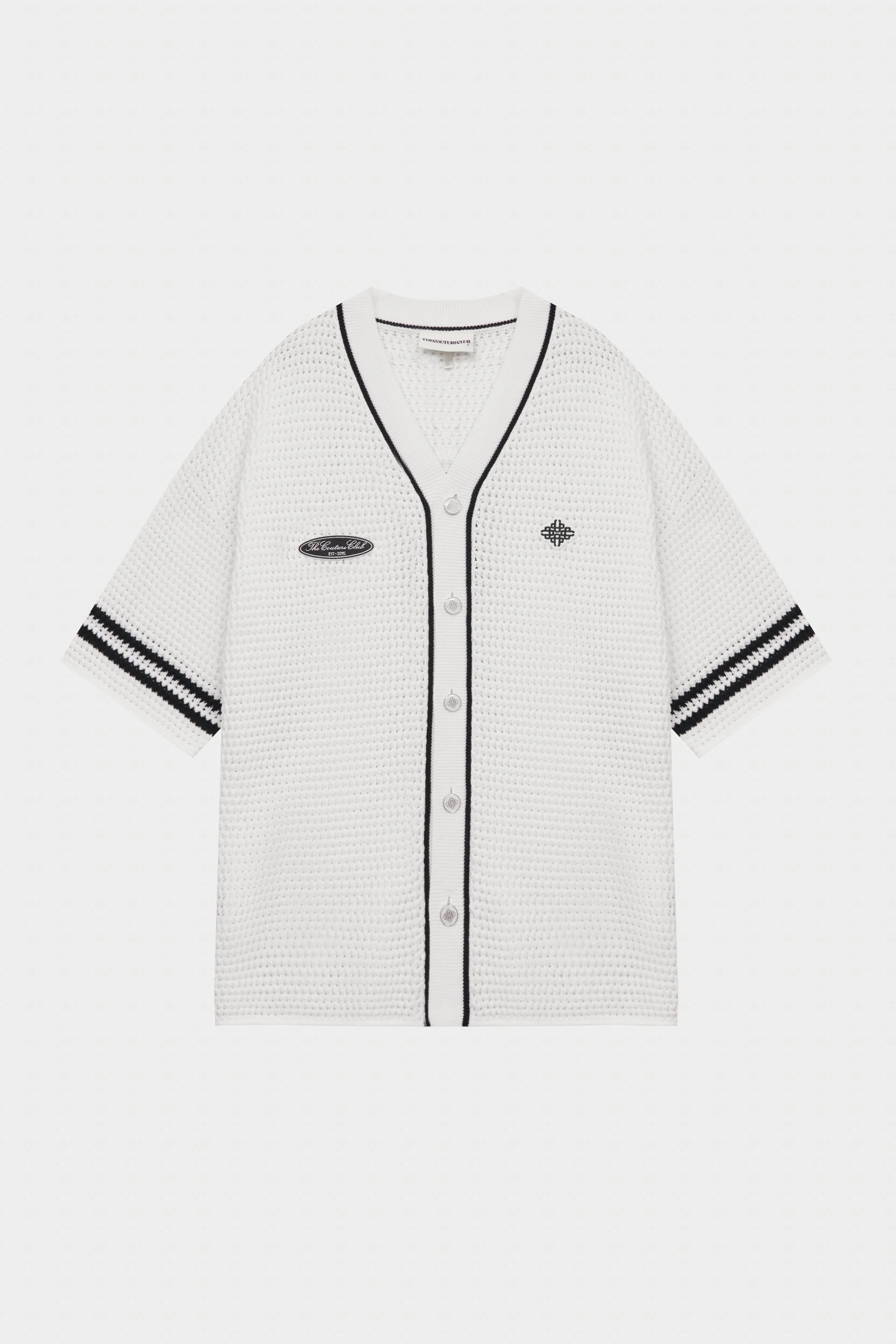 CROCHET KNITTED BASEBALL SHIRT - WHITE sold by The Couture Club