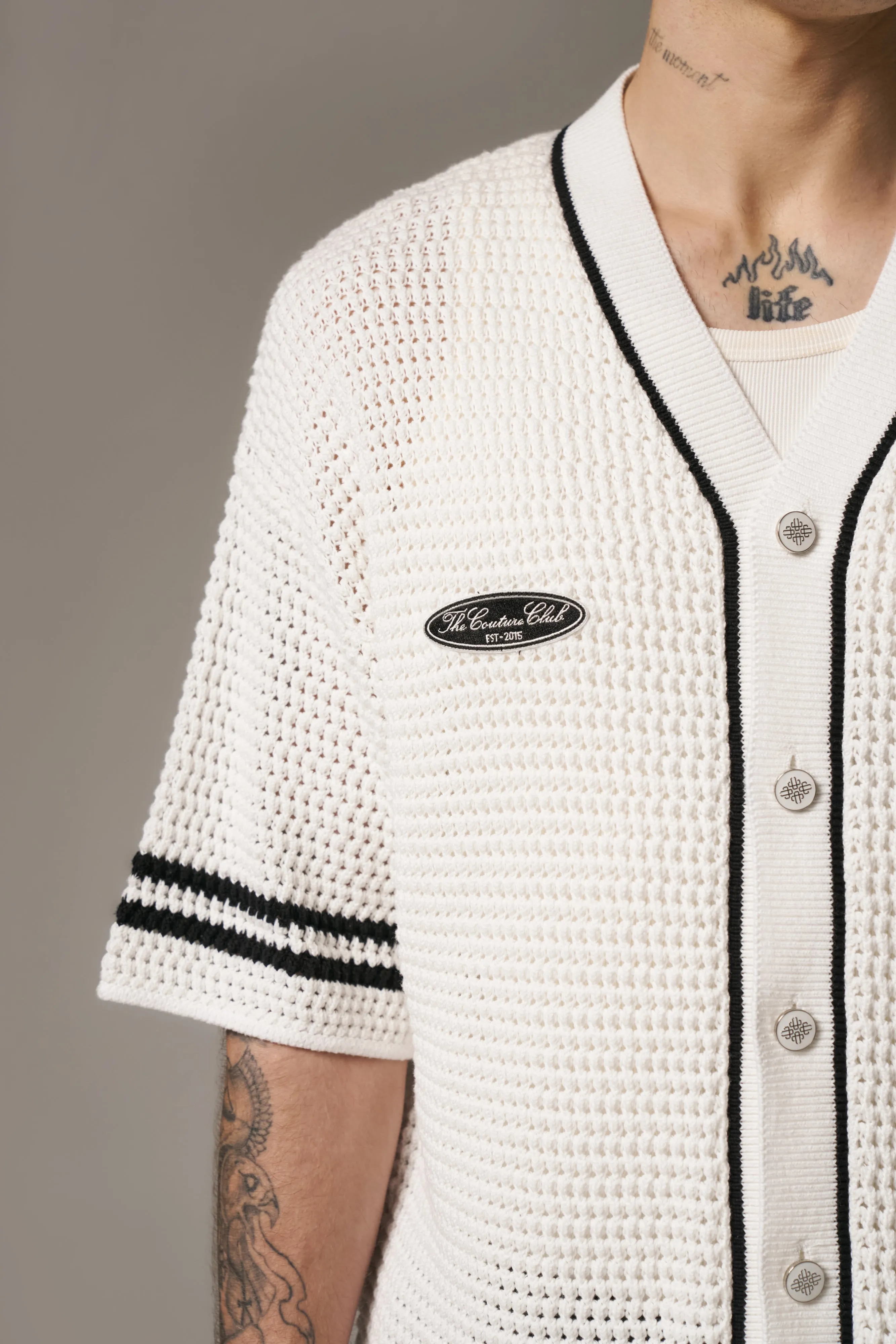 CROCHET KNITTED BASEBALL SHIRT - WHITE sold by The Couture Club product image thumbnail 4