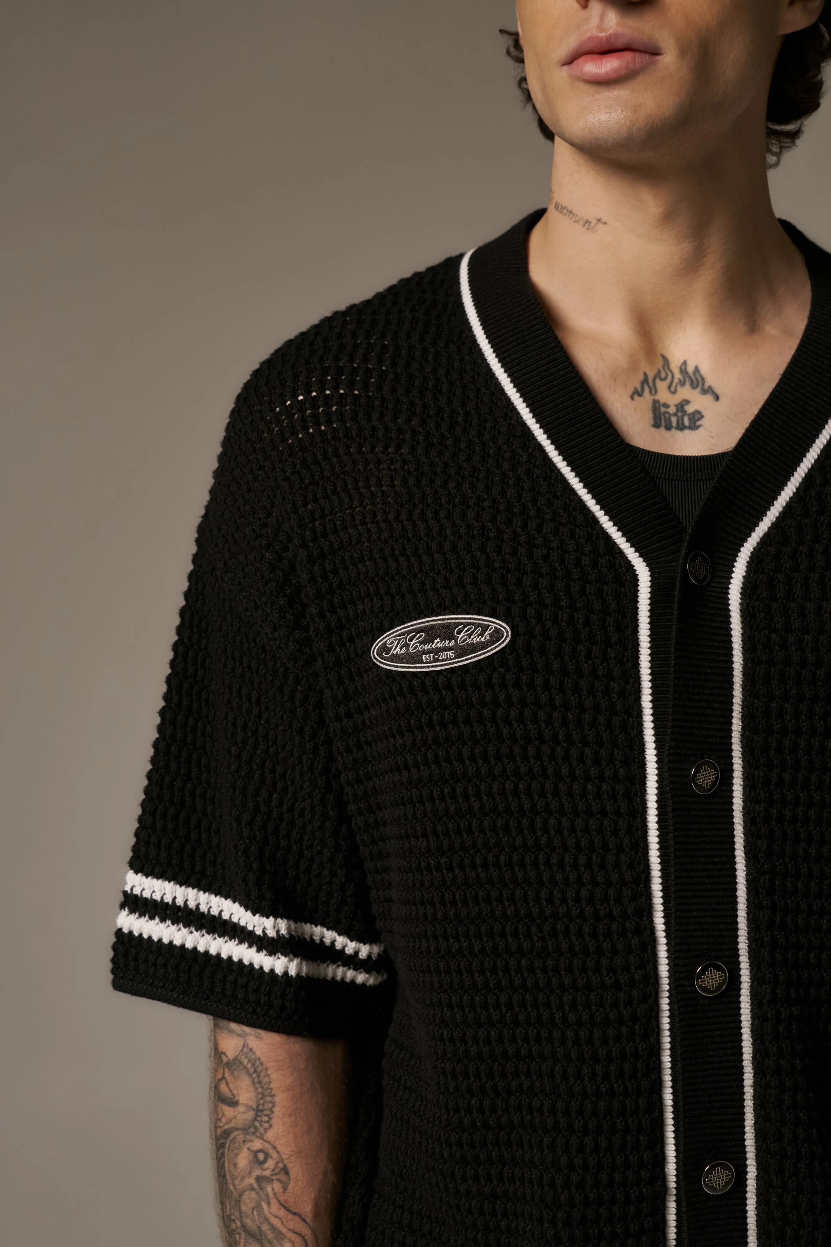 CROCHET KNITTED BASEBALL SHIRT - BLACK sold by The Couture Club product image thumbnail 4