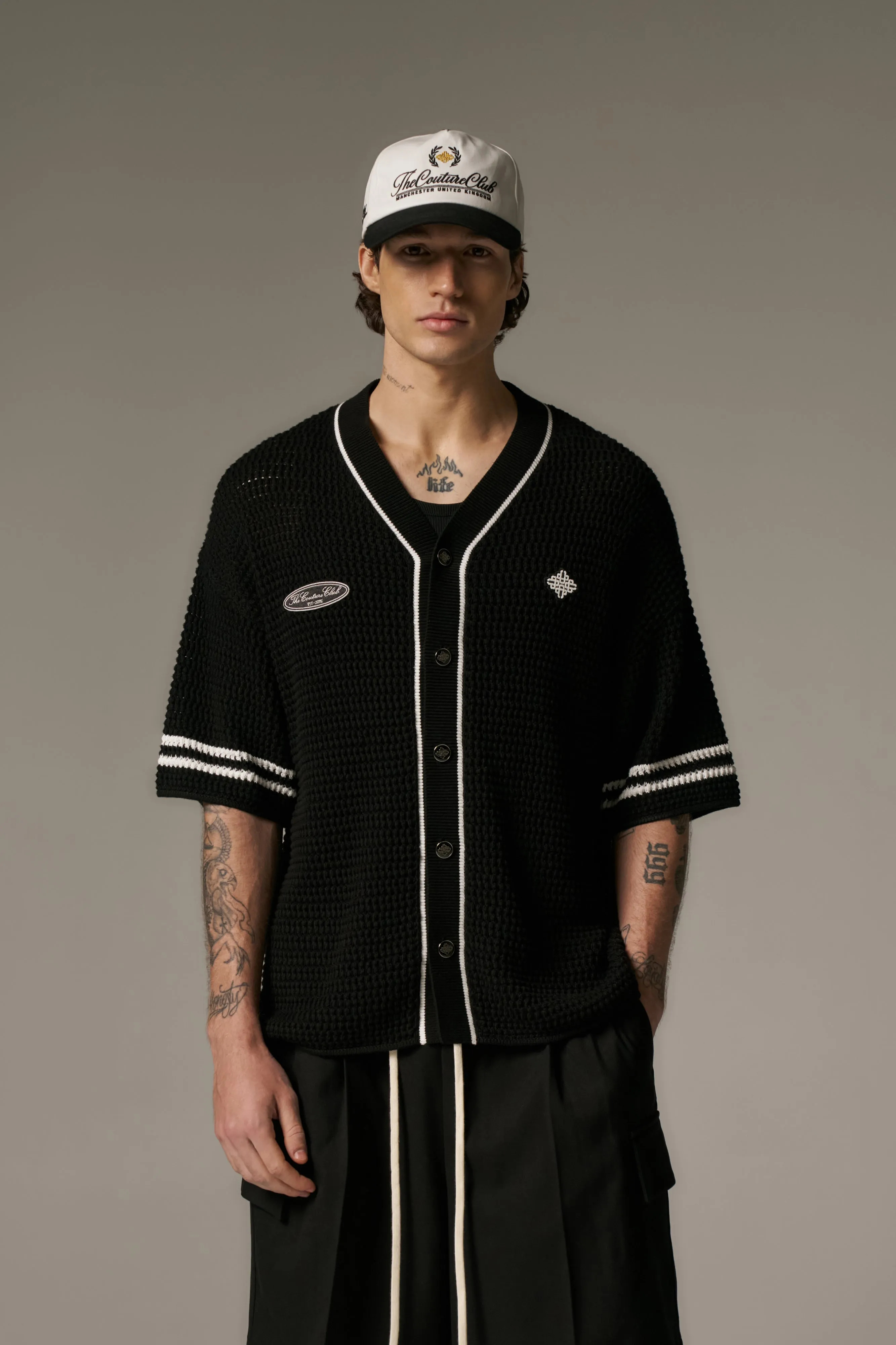 CROCHET KNITTED BASEBALL SHIRT - BLACK sold by The Couture Club product image thumbnail 2