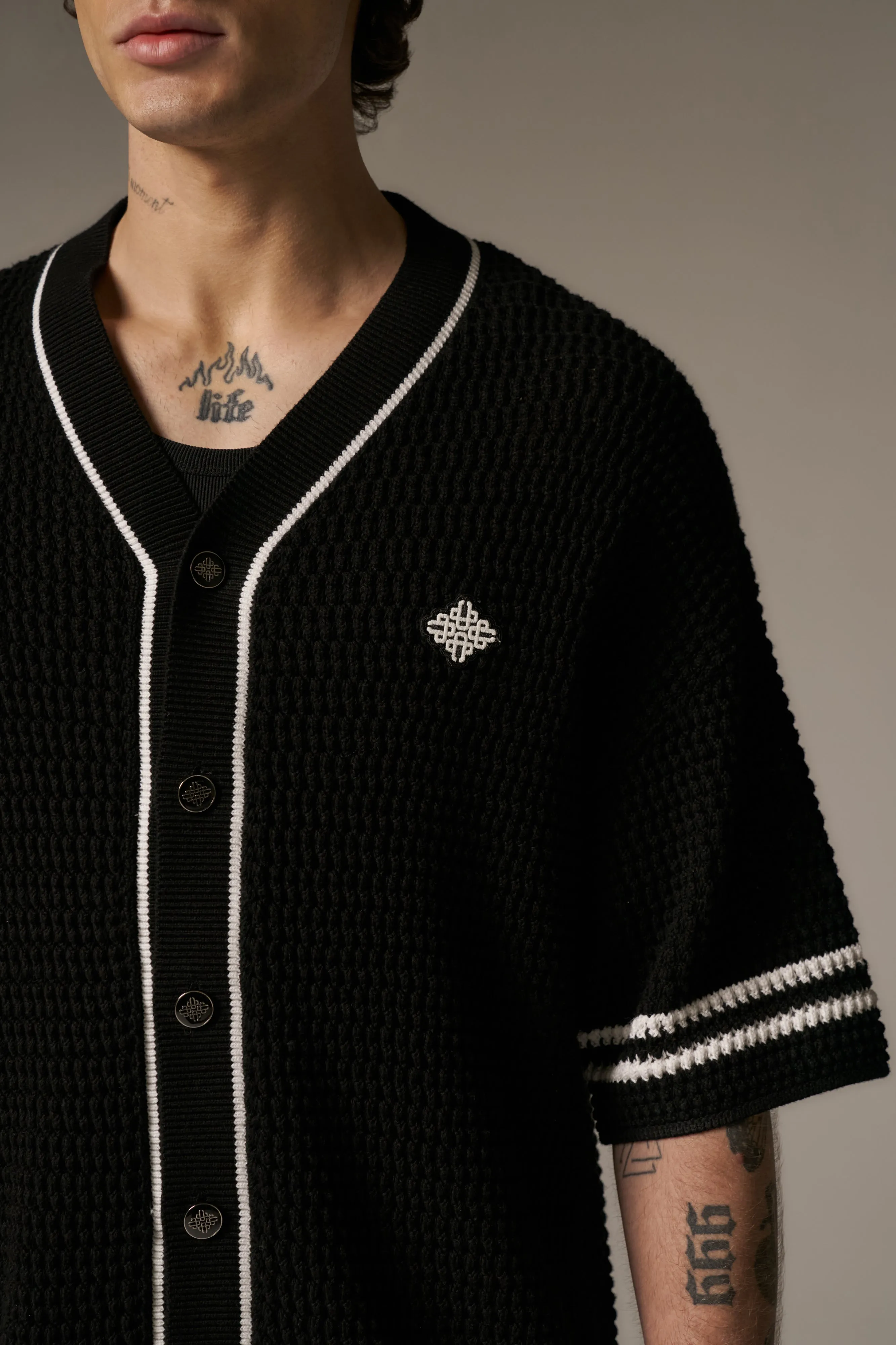 CROCHET KNITTED BASEBALL SHIRT - BLACK sold by The Couture Club product image thumbnail 5