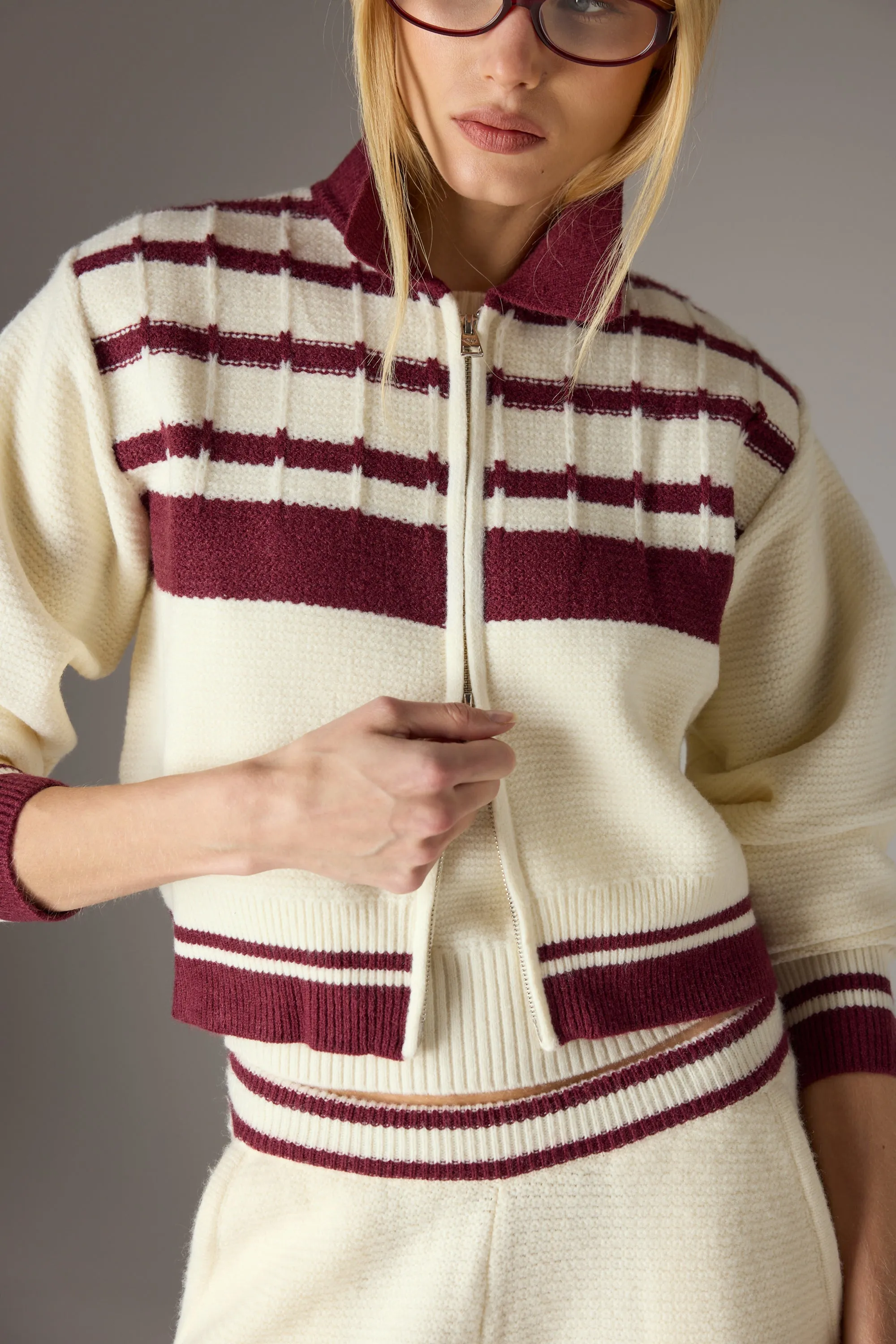 CONTRAST STRIPE KNITTED ZIP THROUGH - OFF WHITE sold by The Couture Club product image thumbnail 5