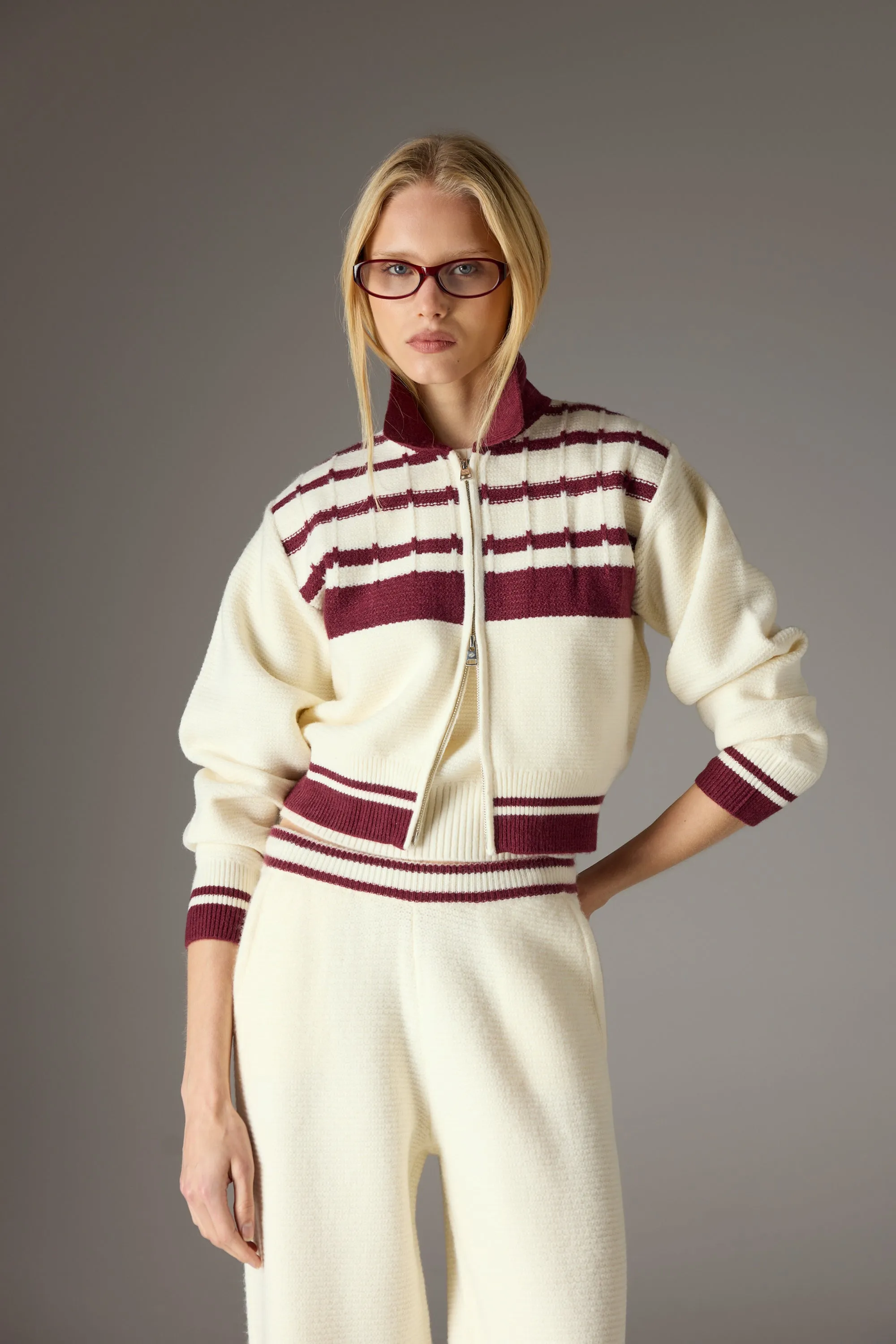 CONTRAST STRIPE KNITTED ZIP THROUGH - OFF WHITE sold by The Couture Club product image thumbnail 2