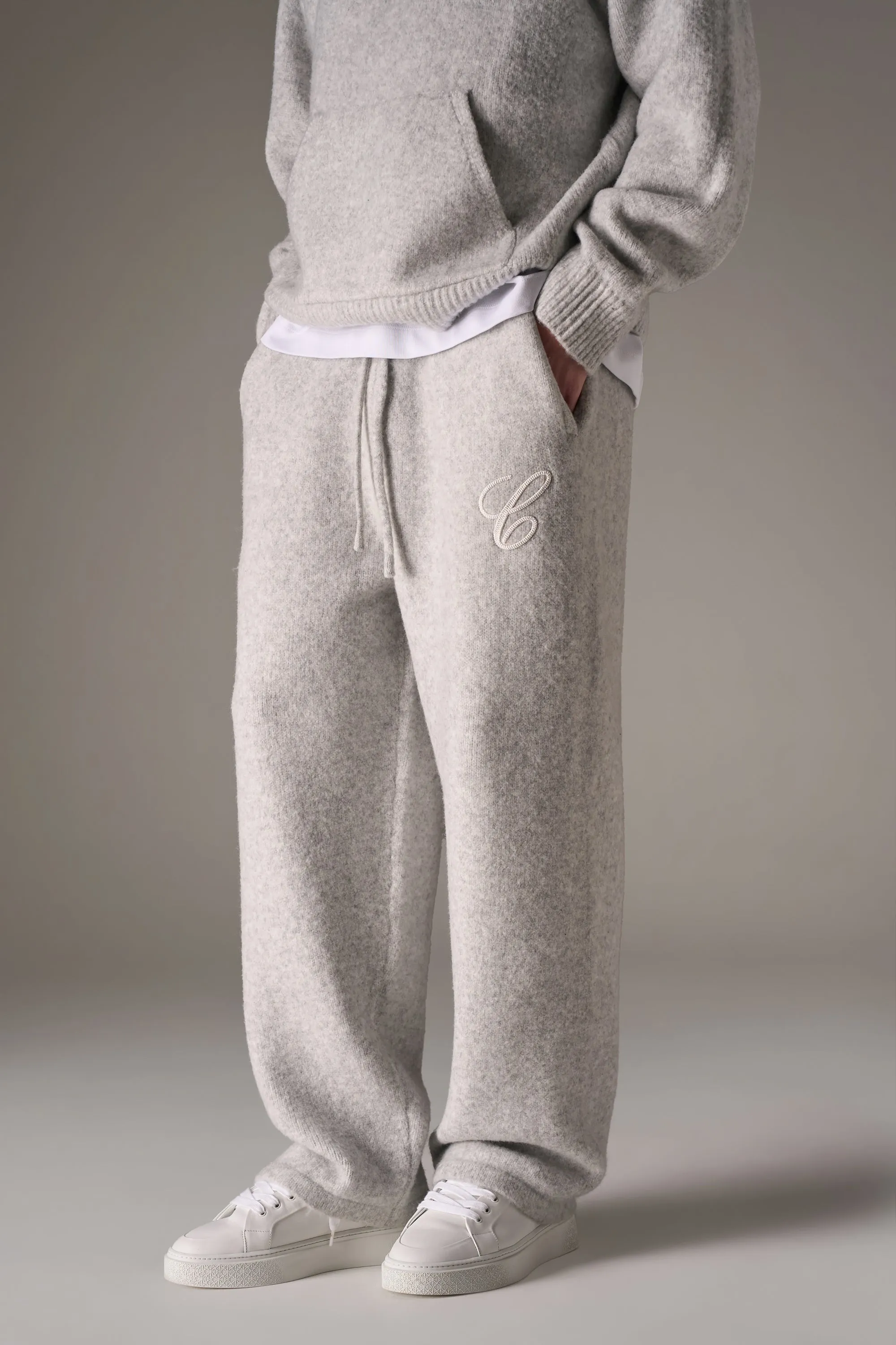 CHAINSTITCH EMBROIDERY KNITTED BARREL LEG JOGGERS - GREY sold by The Couture Club product image thumbnail 2