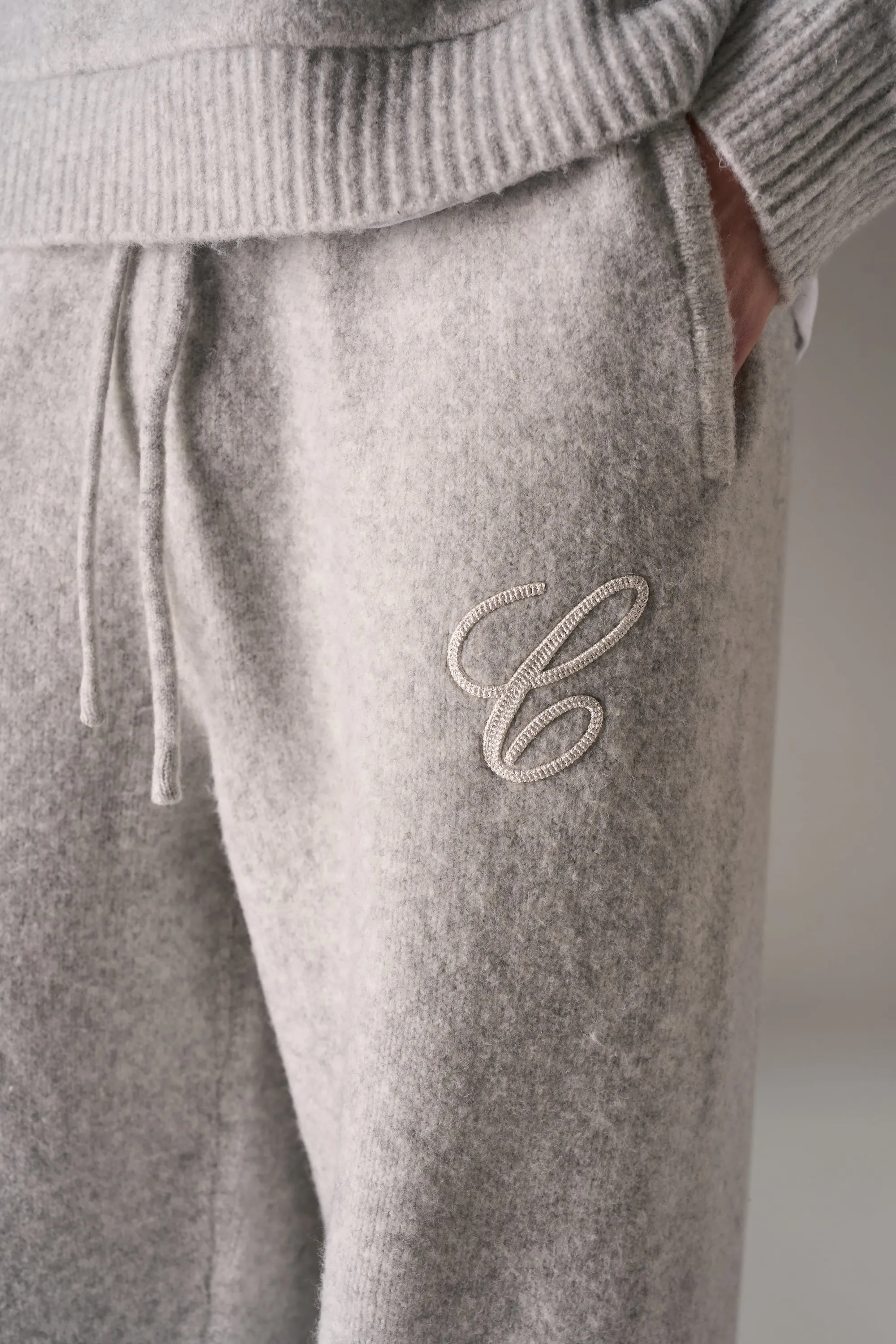 CHAINSTITCH EMBROIDERY KNITTED BARREL LEG JOGGERS - GREY sold by The Couture Club product image thumbnail 5