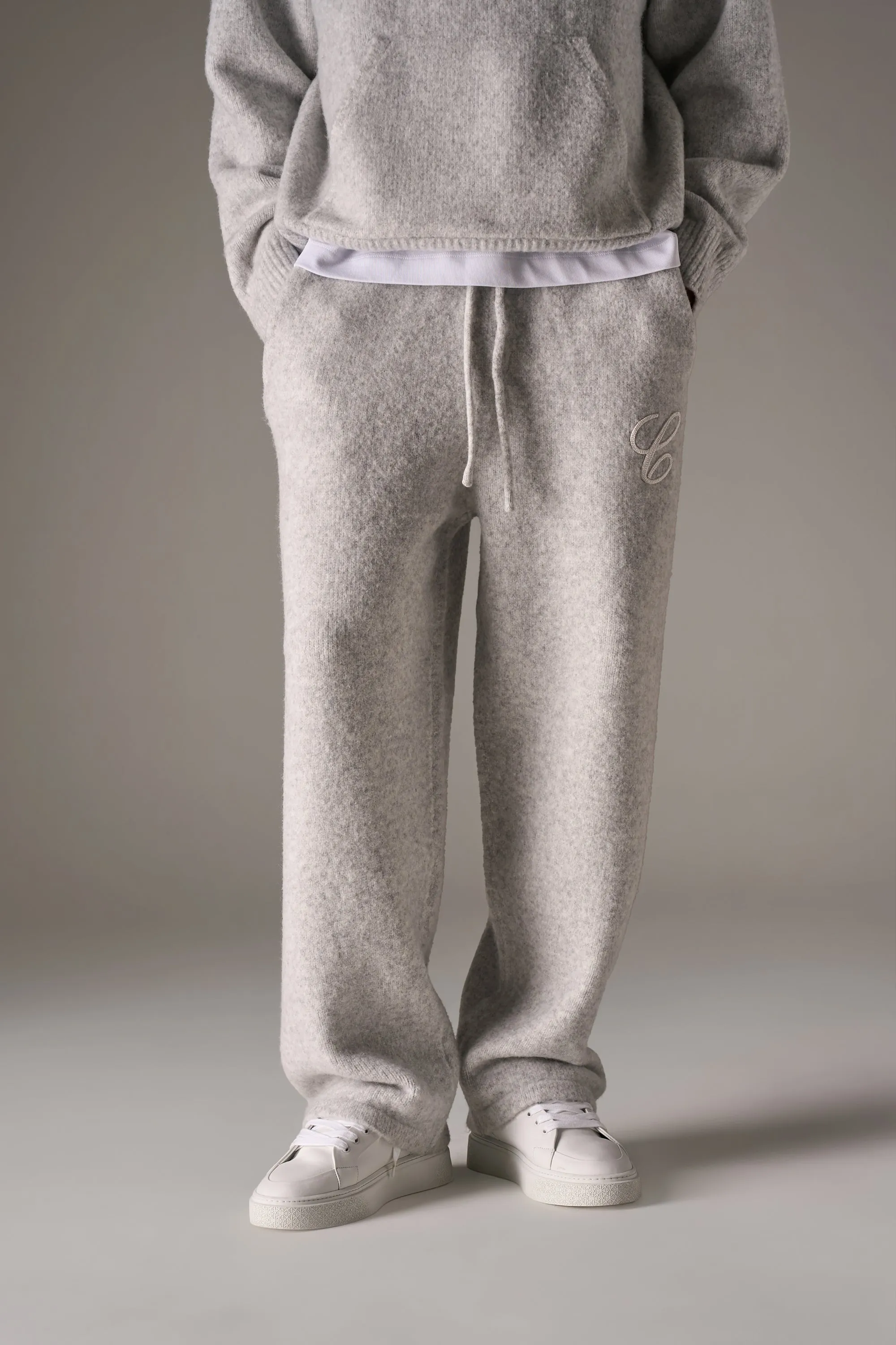 CHAINSTITCH EMBROIDERY KNITTED BARREL LEG JOGGERS - GREY sold by The Couture Club product image thumbnail 4
