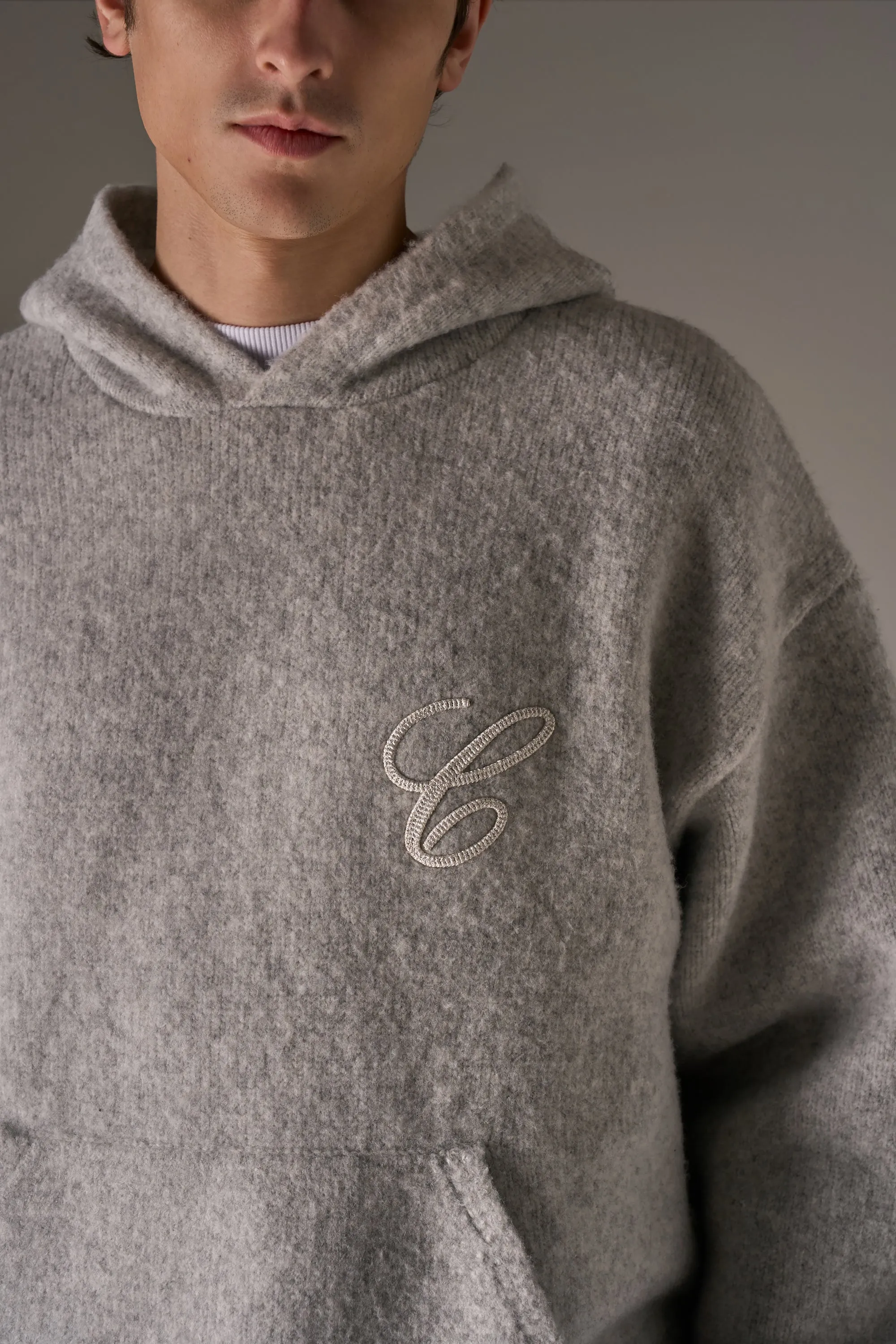 CHAINSTITCH EMBROIDERY KNITTED HOODIE - GREY sold by The Couture Club product image thumbnail 4