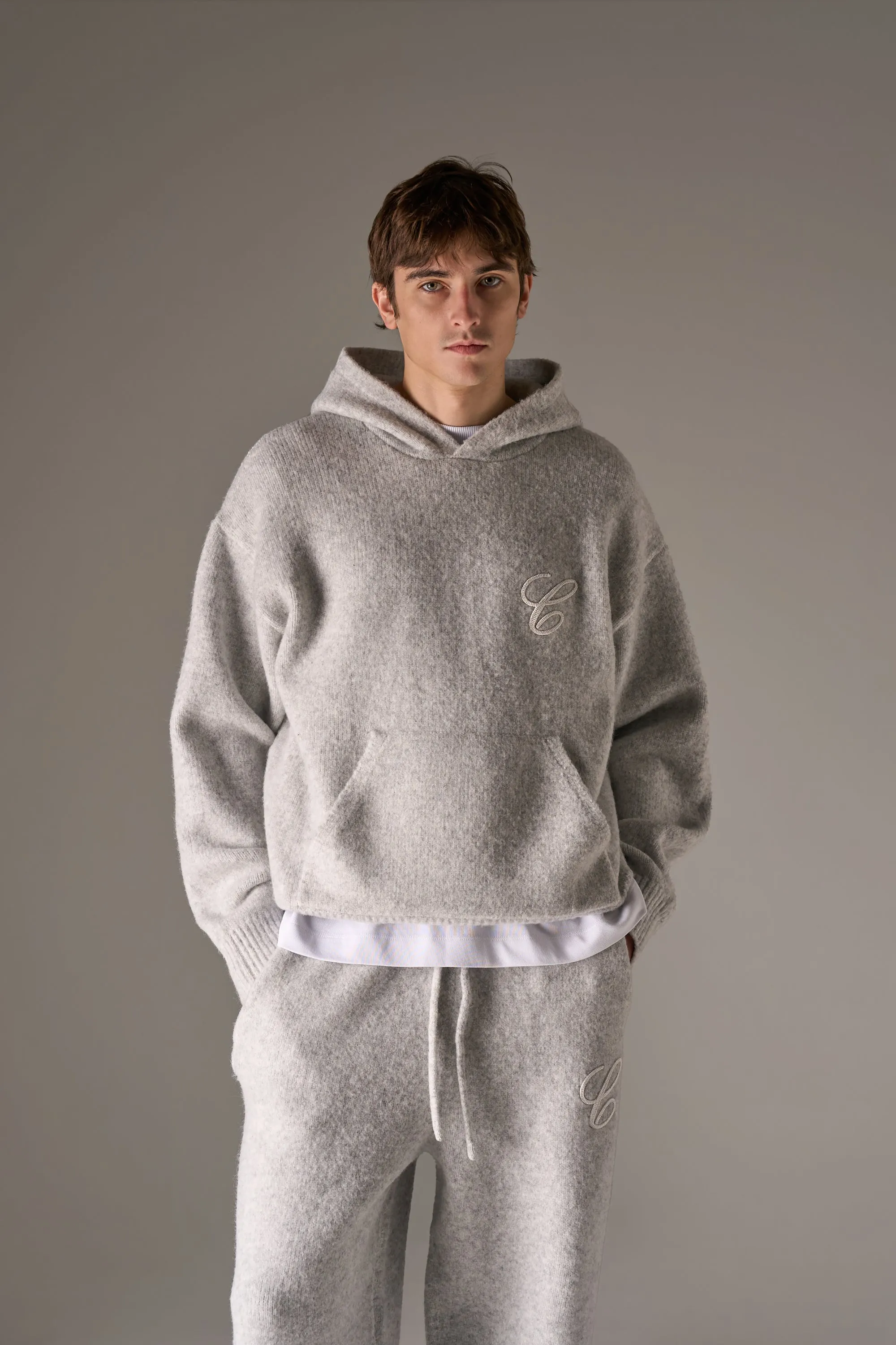 CHAINSTITCH EMBROIDERY KNITTED HOODIE - GREY sold by The Couture Club product image thumbnail 2