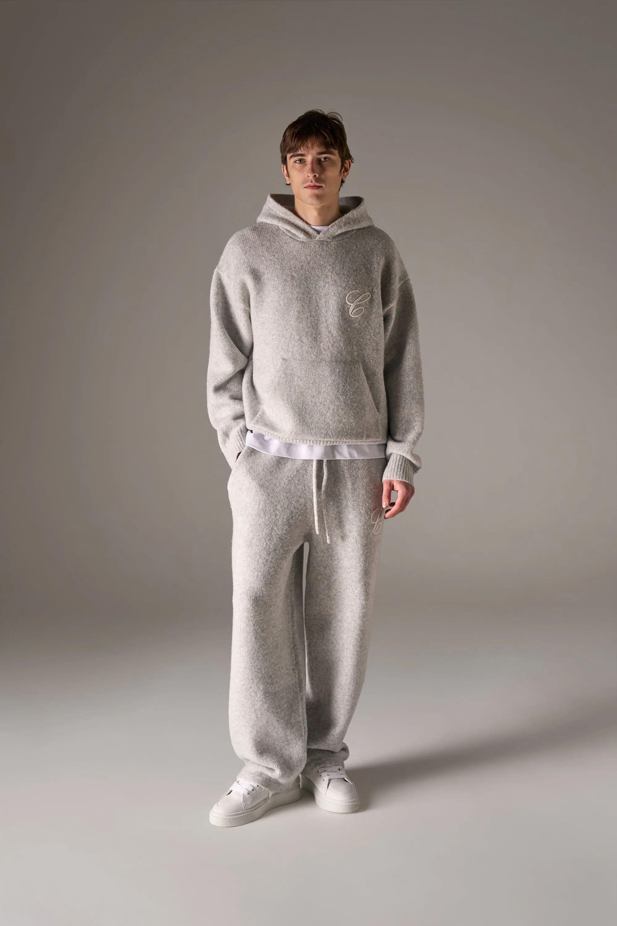 CHAINSTITCH EMBROIDERY KNITTED HOODIE - GREY sold by The Couture Club product image thumbnail 3