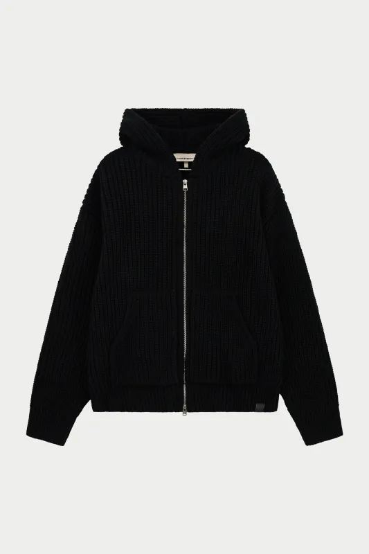HEAVY RIB KNITTED ZIP THROUGH HOODIE - BLACK sold by The Couture Club
