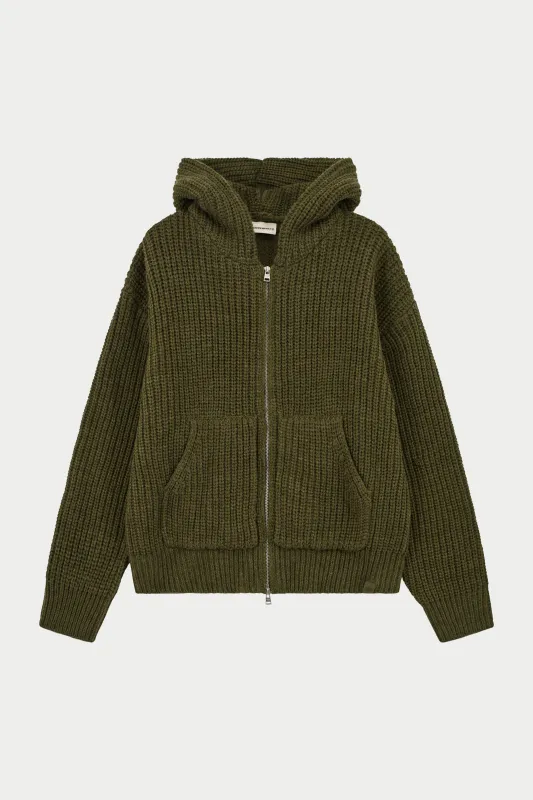 HEAVY RIB KNITTED ZIP THROUGH HOODIE - KHAKI sold by The Couture Club