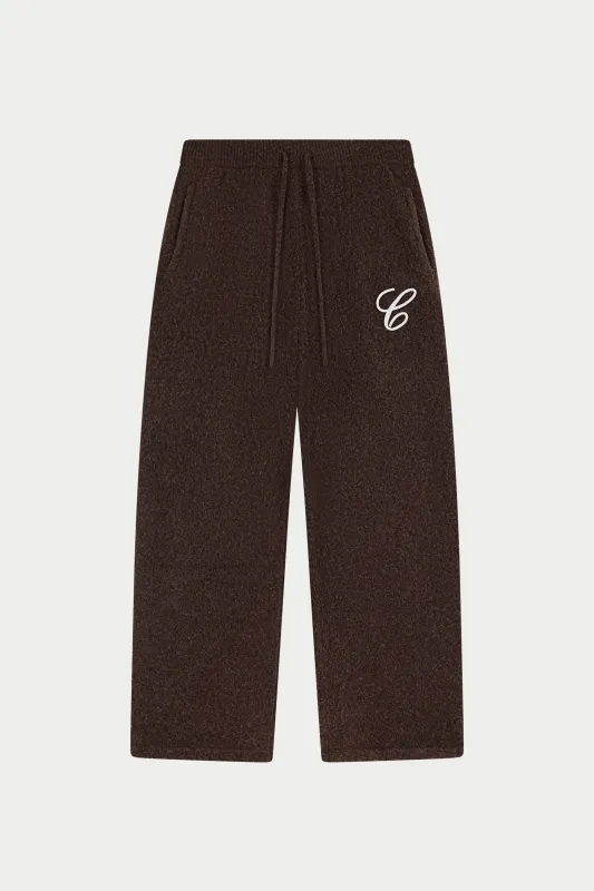 CHAINSTITCH EMBROIDERY KNITTED BARREL LEG JOGGERS - BROWN sold by The Couture Club