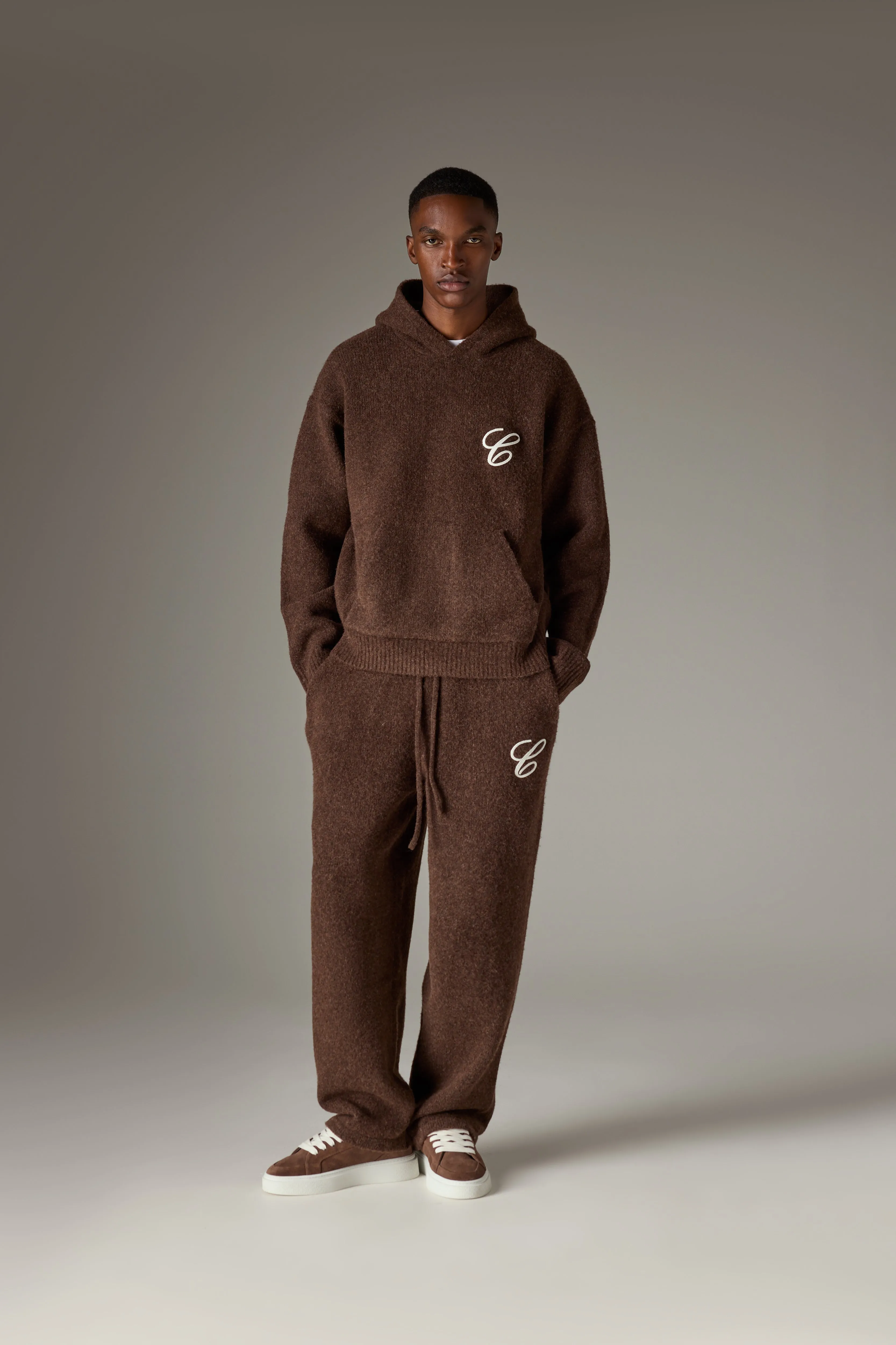 CHAINSTITCH EMBROIDERY KNITTED BARREL LEG JOGGERS - BROWN sold by The Couture Club product image thumbnail 3