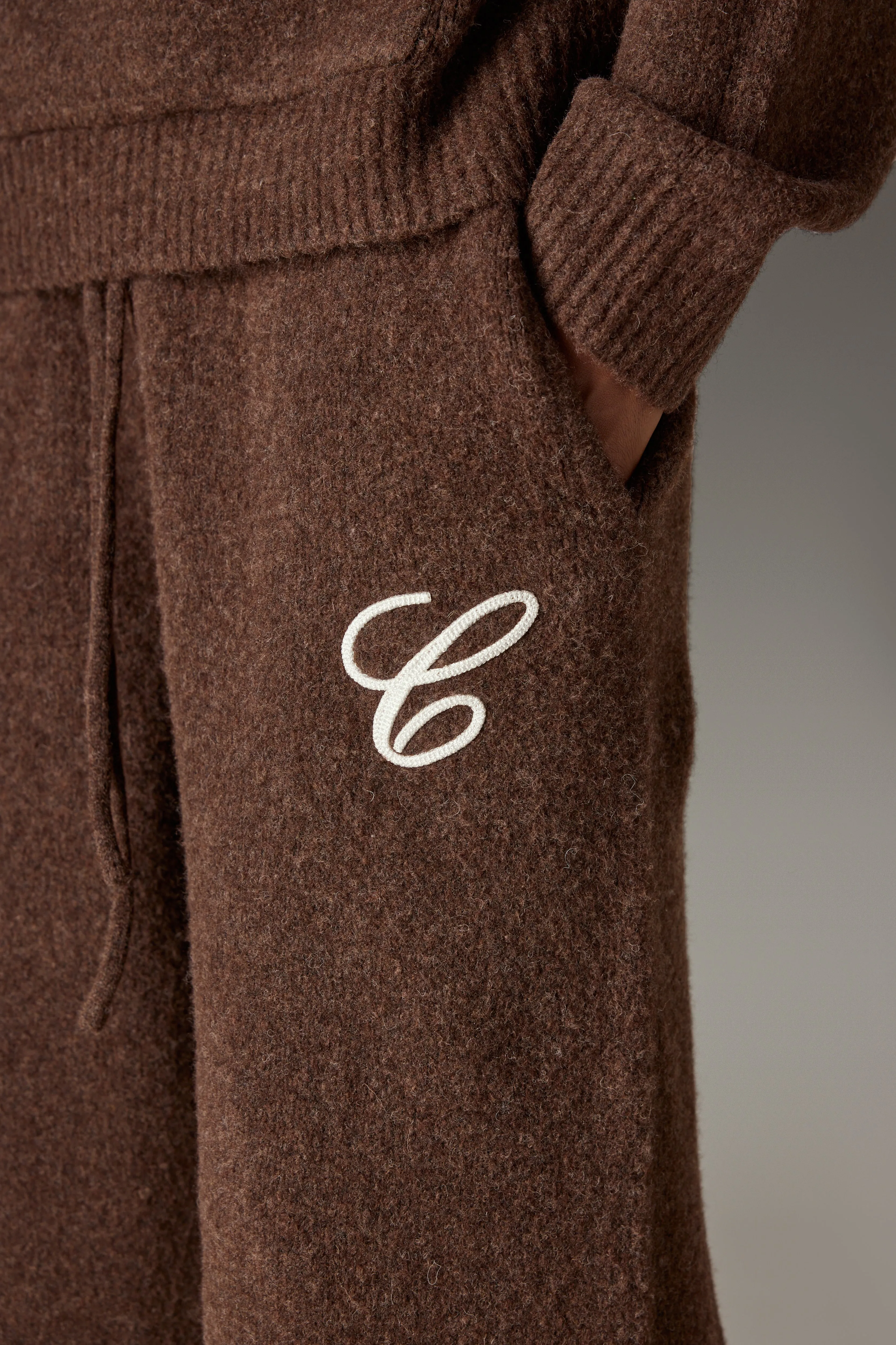 CHAINSTITCH EMBROIDERY KNITTED BARREL LEG JOGGERS - BROWN sold by The Couture Club product image thumbnail 5