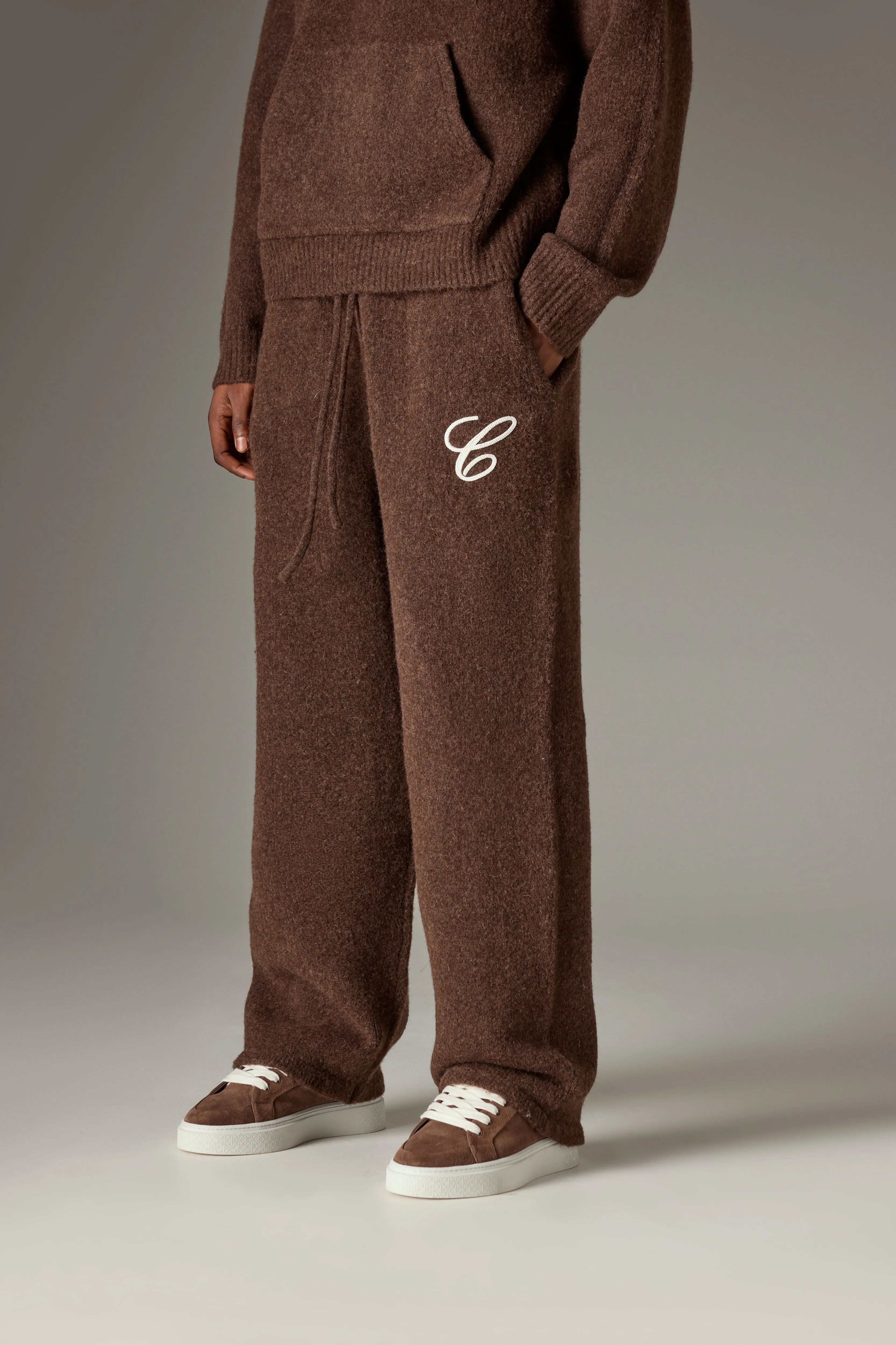 CHAINSTITCH EMBROIDERY KNITTED BARREL LEG JOGGERS - BROWN sold by The Couture Club product image thumbnail 2