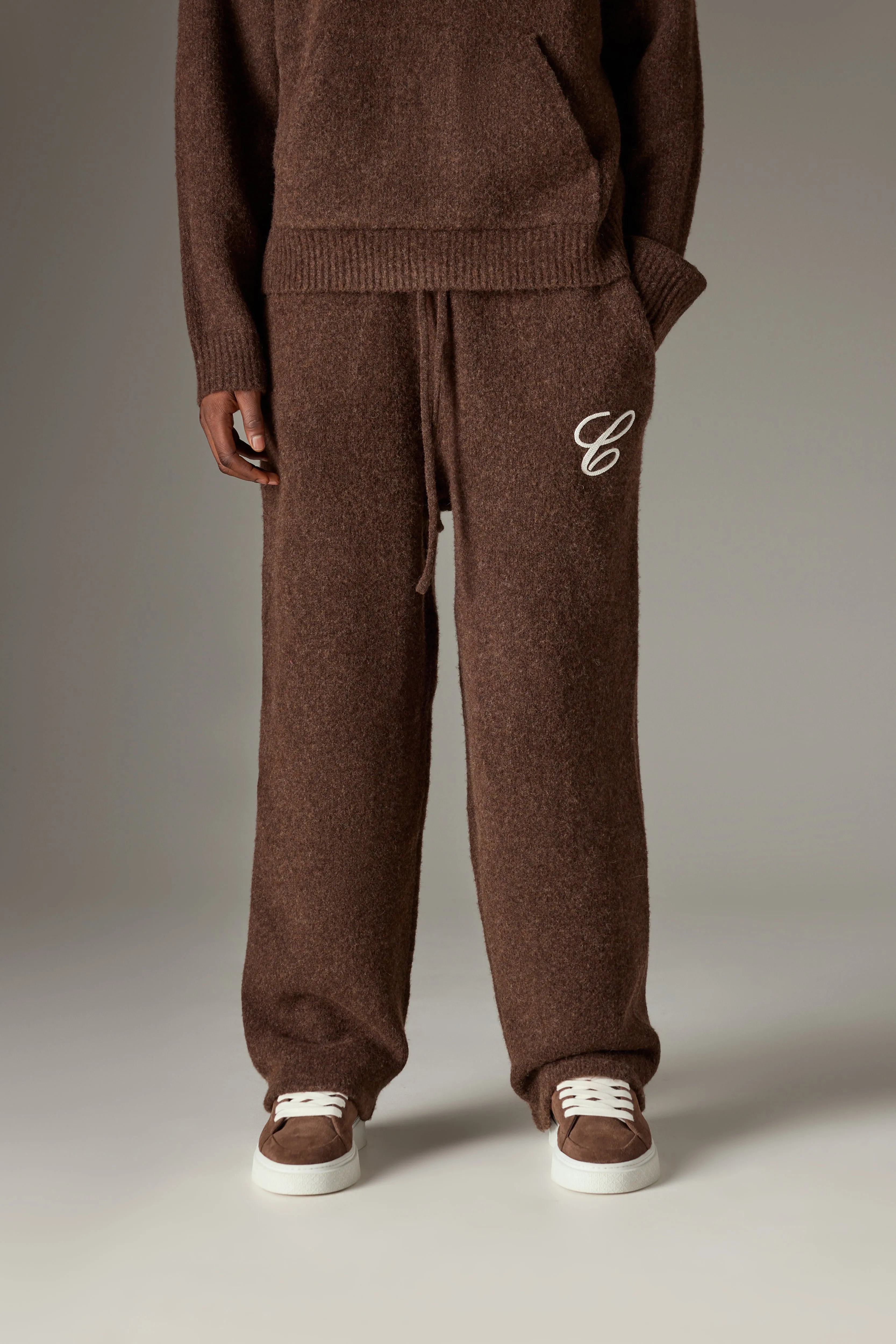 CHAINSTITCH EMBROIDERY KNITTED BARREL LEG JOGGERS - BROWN sold by The Couture Club product image thumbnail 4