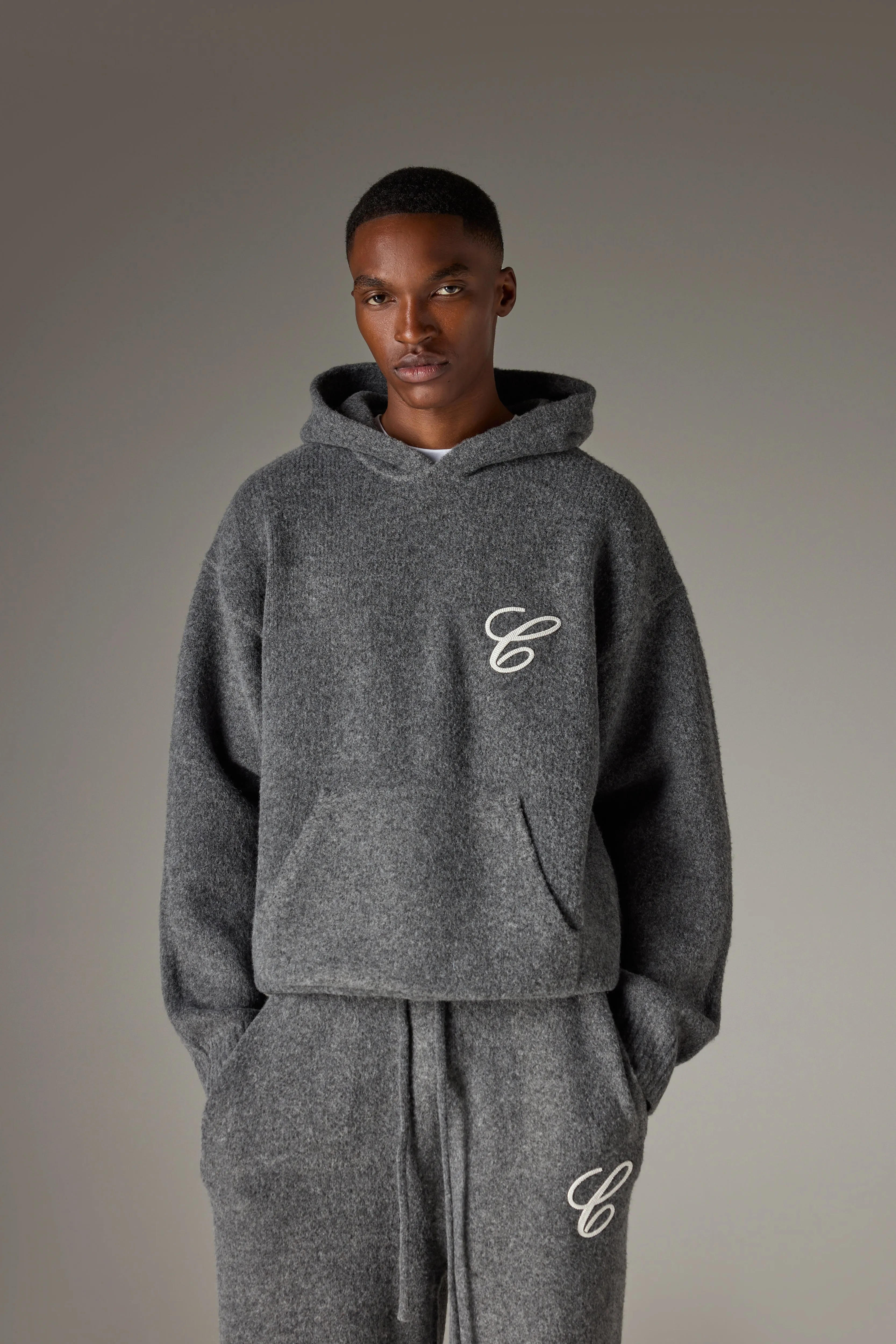 CHAINSTITCH EMBROIDERY KNITTED HOODIE - CHARCOAL sold by The Couture Club product image thumbnail 4