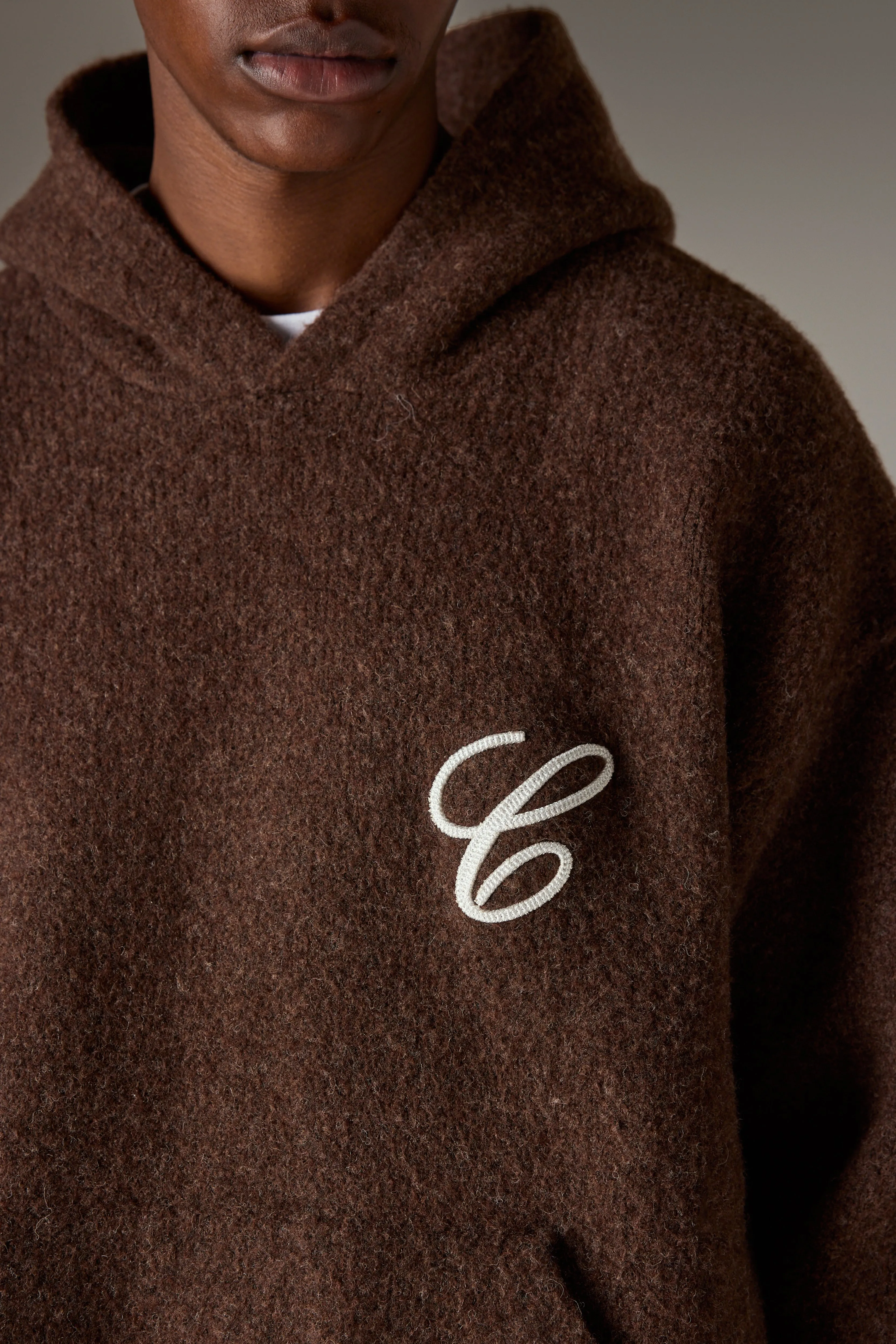 CHAINSTITCH EMBROIDERY KNITTED HOODIE - BROWN sold by The Couture Club product image thumbnail 4