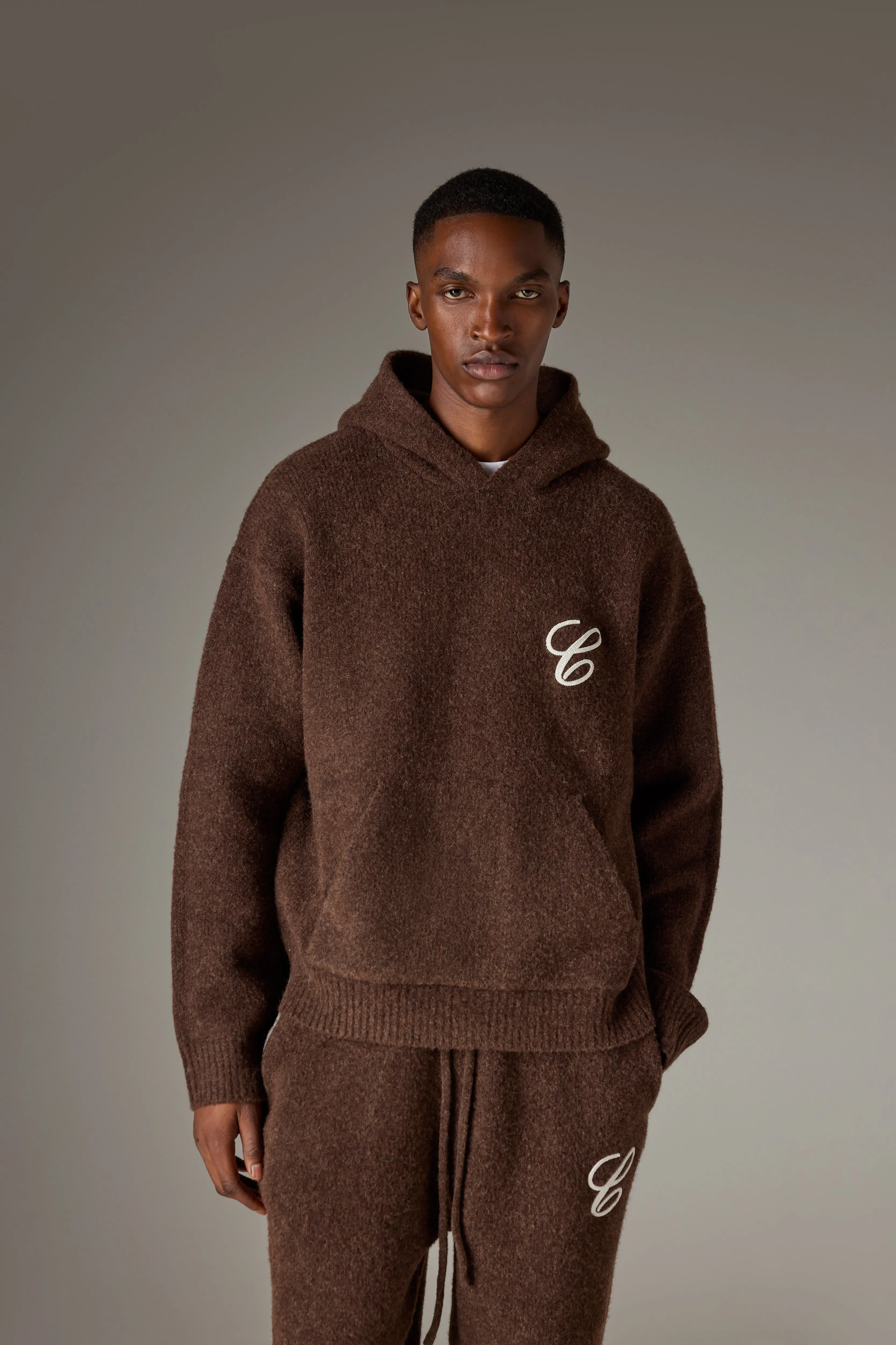 CHAINSTITCH EMBROIDERY KNITTED HOODIE - BROWN sold by The Couture Club product image thumbnail 2
