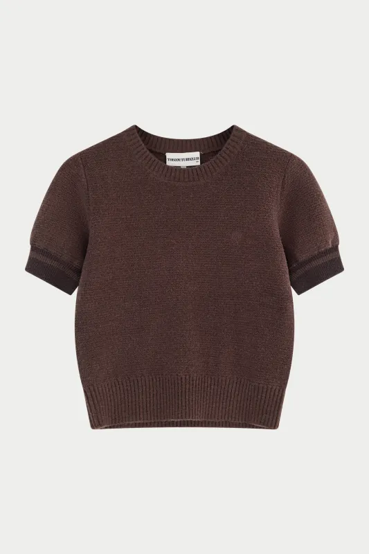 CONTRAST STRIPE SHORT SLEEVE KNIT TEE - CHOCOLATE made by The Couture Club