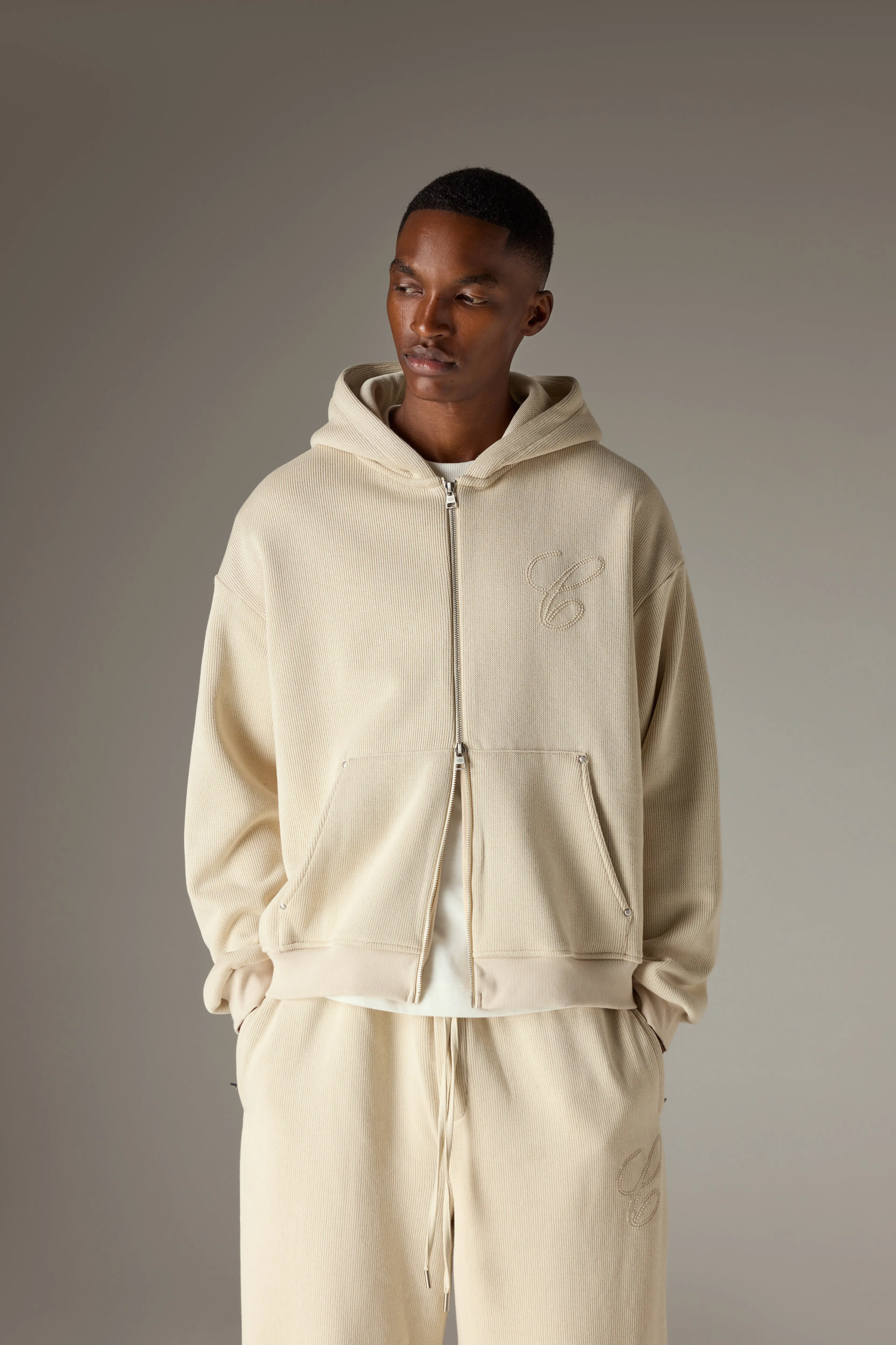 KNIT CONTRAST BINDING ZIP THROUGH HOODIE - BEIGE sold by The Couture Club product image thumbnail 2