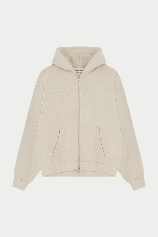KNIT CONTRAST BINDING ZIP THROUGH HOODIE - BEIGE sold by The Couture Club