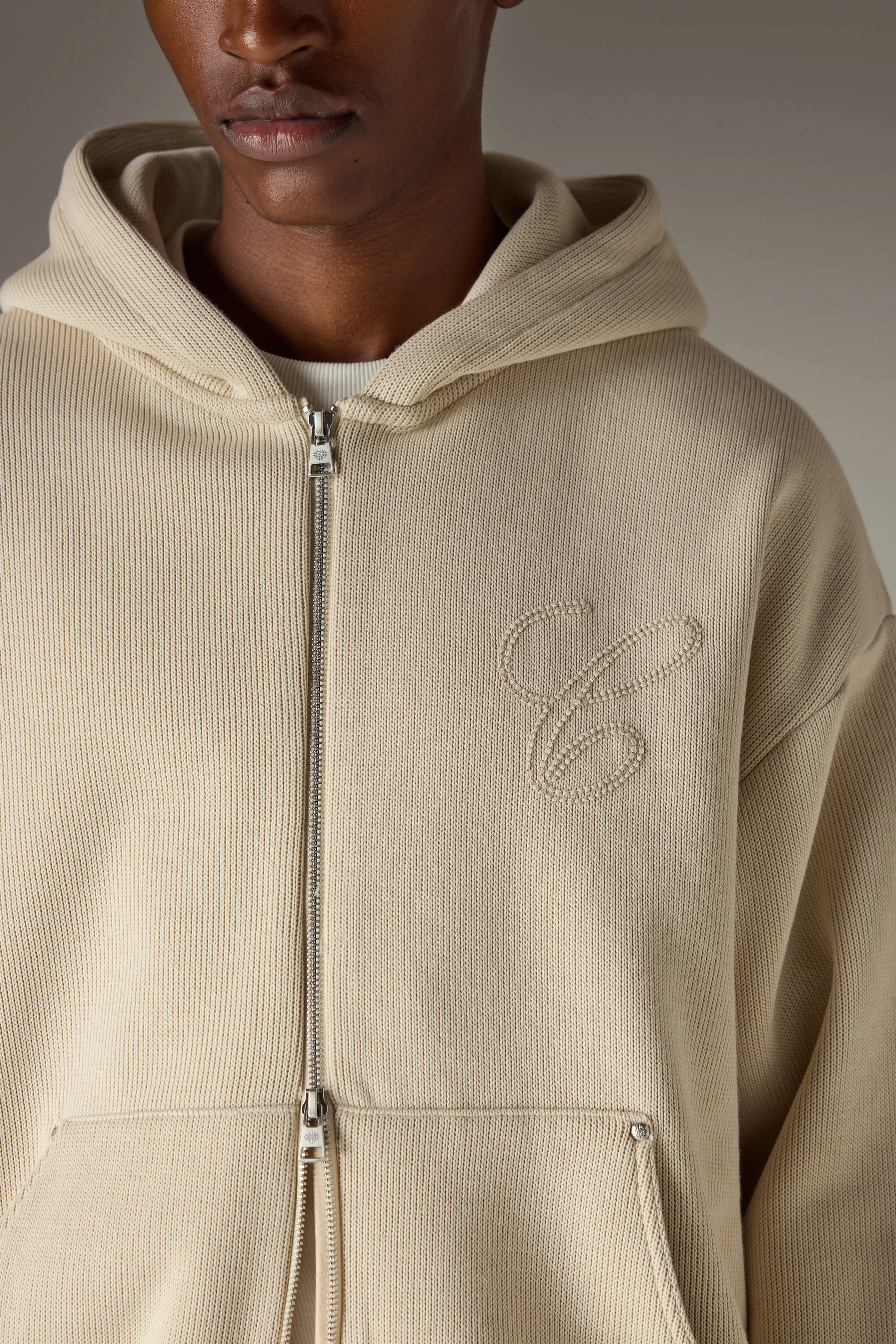 KNIT CONTRAST BINDING ZIP THROUGH HOODIE - BEIGE sold by The Couture Club product image thumbnail 4