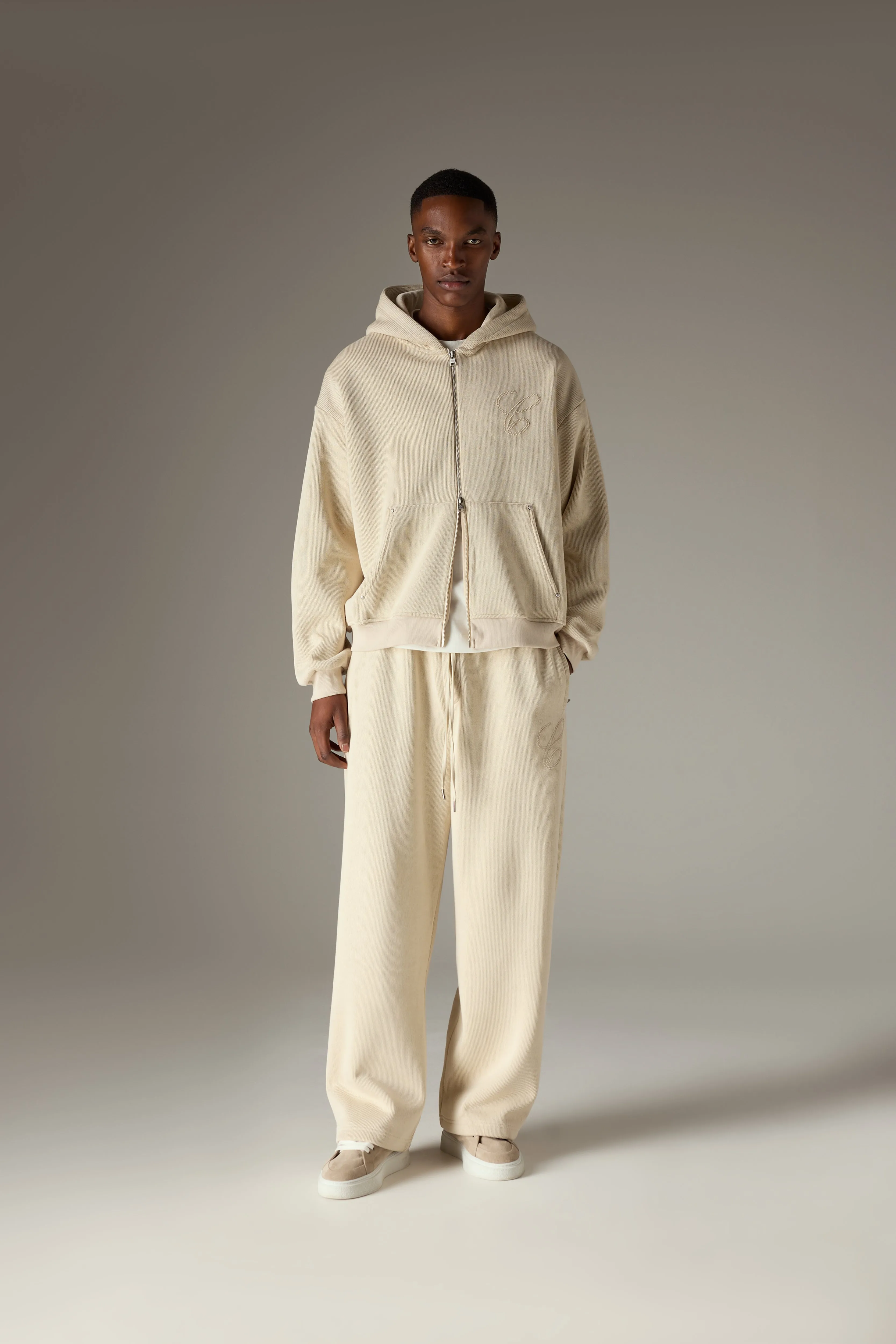 KNIT CONTRAST BINDING ZIP THROUGH HOODIE - BEIGE sold by The Couture Club product image thumbnail 3