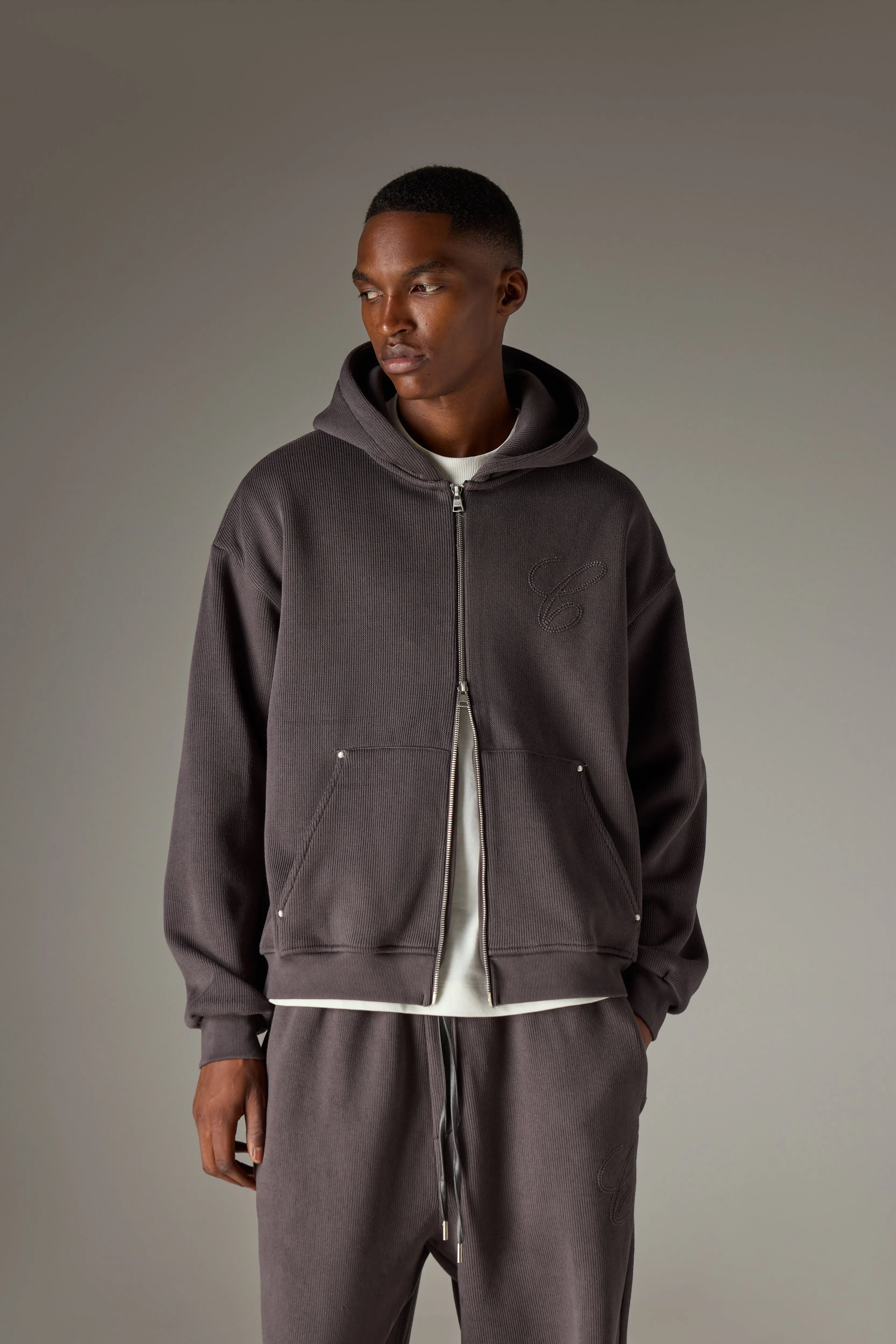 KNIT CONTRAST BINDING ZIP THROUGH HOODIE - CHARCOAL sold by The Couture Club product image thumbnail 2