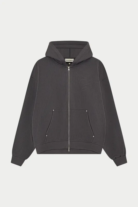 KNIT CONTRAST BINDING ZIP THROUGH HOODIE - CHARCOAL sold by The Couture Club