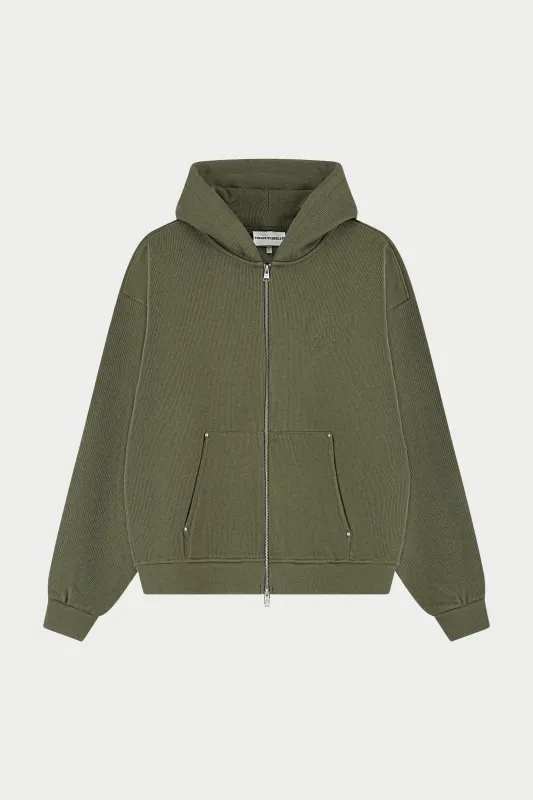 KNIT CONTRAST BINDING ZIP THROUGH HOODIE - KHAKI sold by The Couture Club
