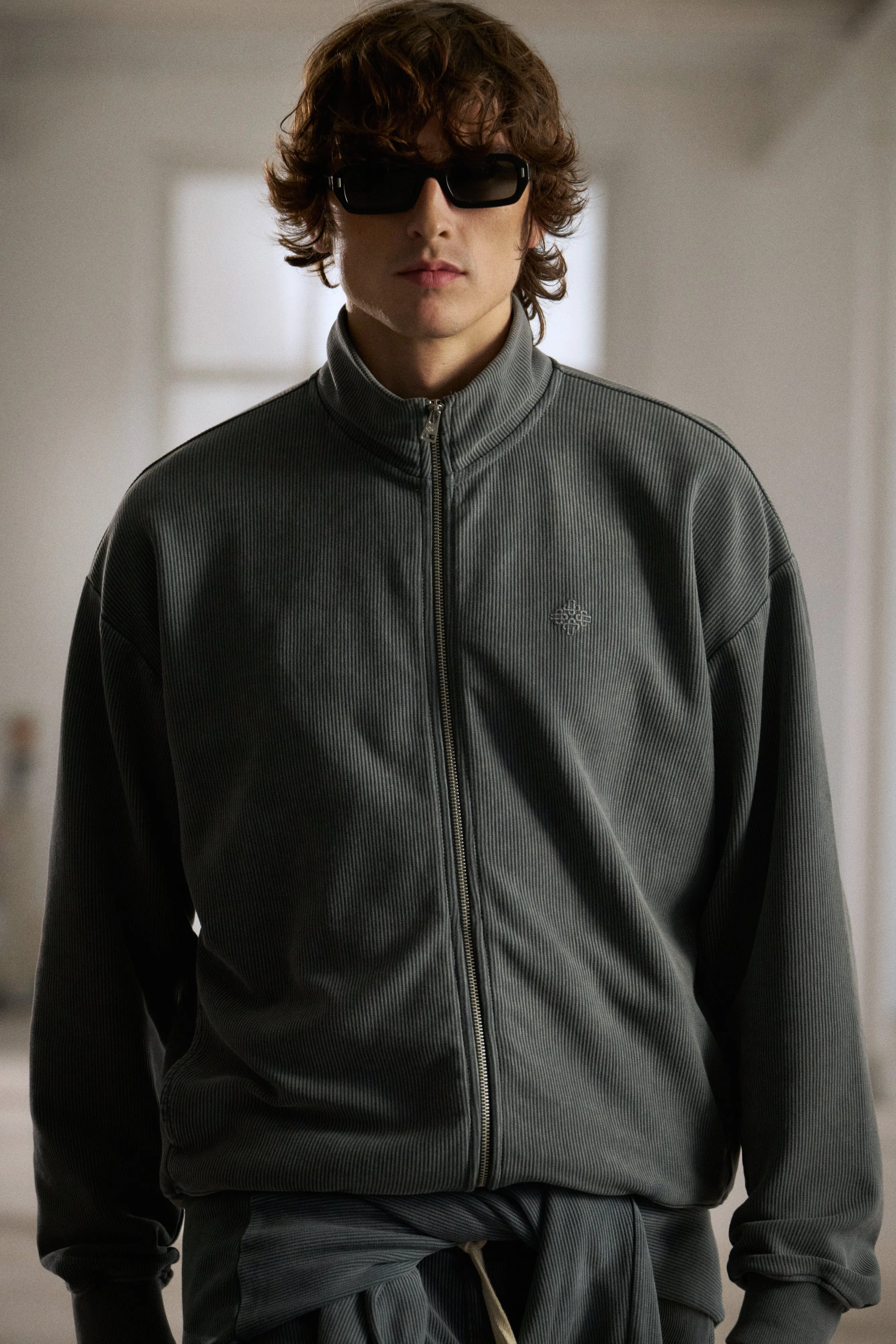 HEAVYWEIGHT WASHED RIBBED ZIP THROUGH FUNNEL NECK - GREY sold by The Couture Club product image thumbnail 2