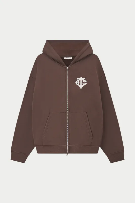 HEAVYWEIGHT MONOGRAM APPLIQUE EMBLEM ZIP THROUGH - BROWN sold by The Couture Club