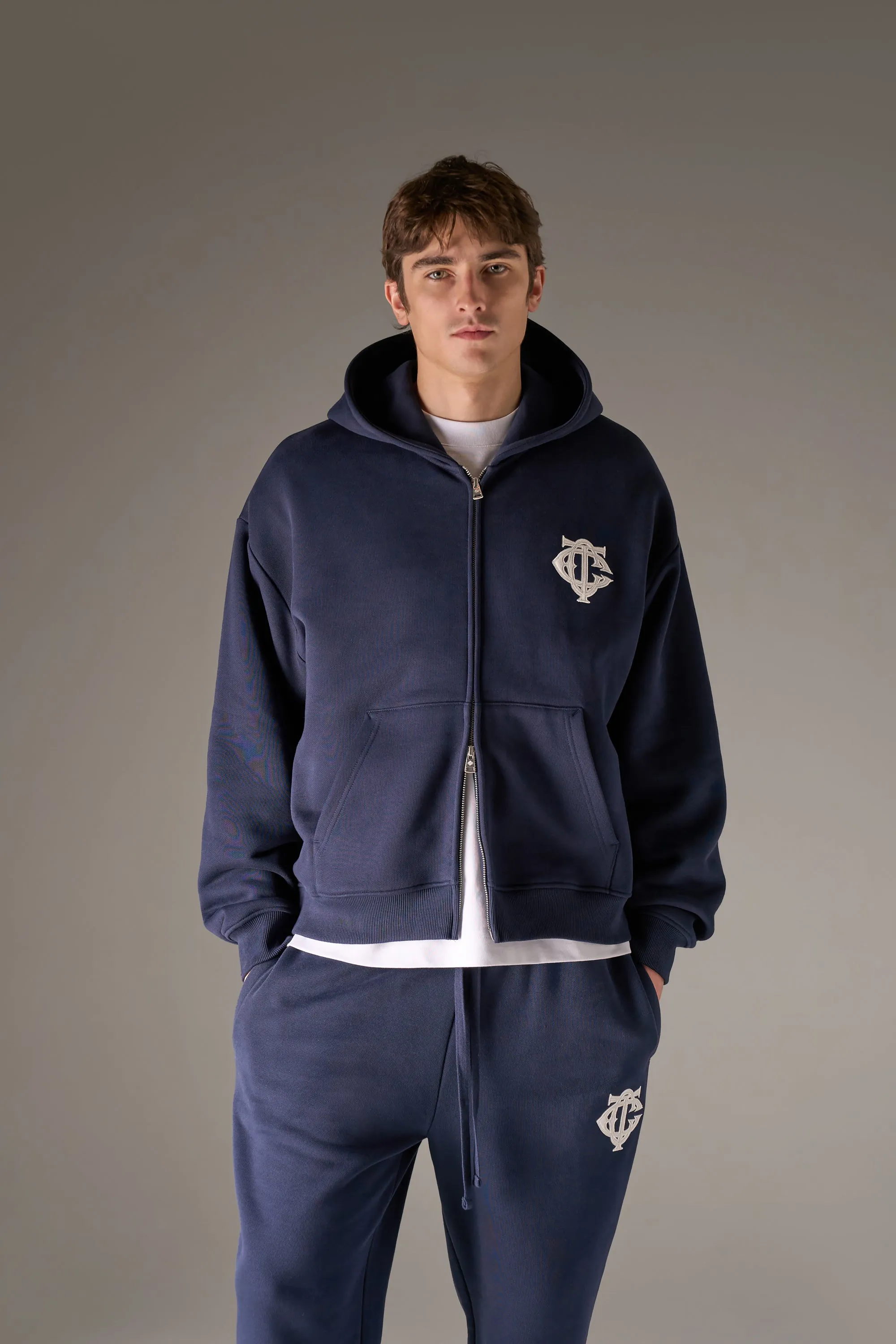 HEAVYWEIGHT MONOGRAM APPLIQUE EMBLEM ZIP THROUGH - NAVY sold by The Couture Club product image thumbnail 2