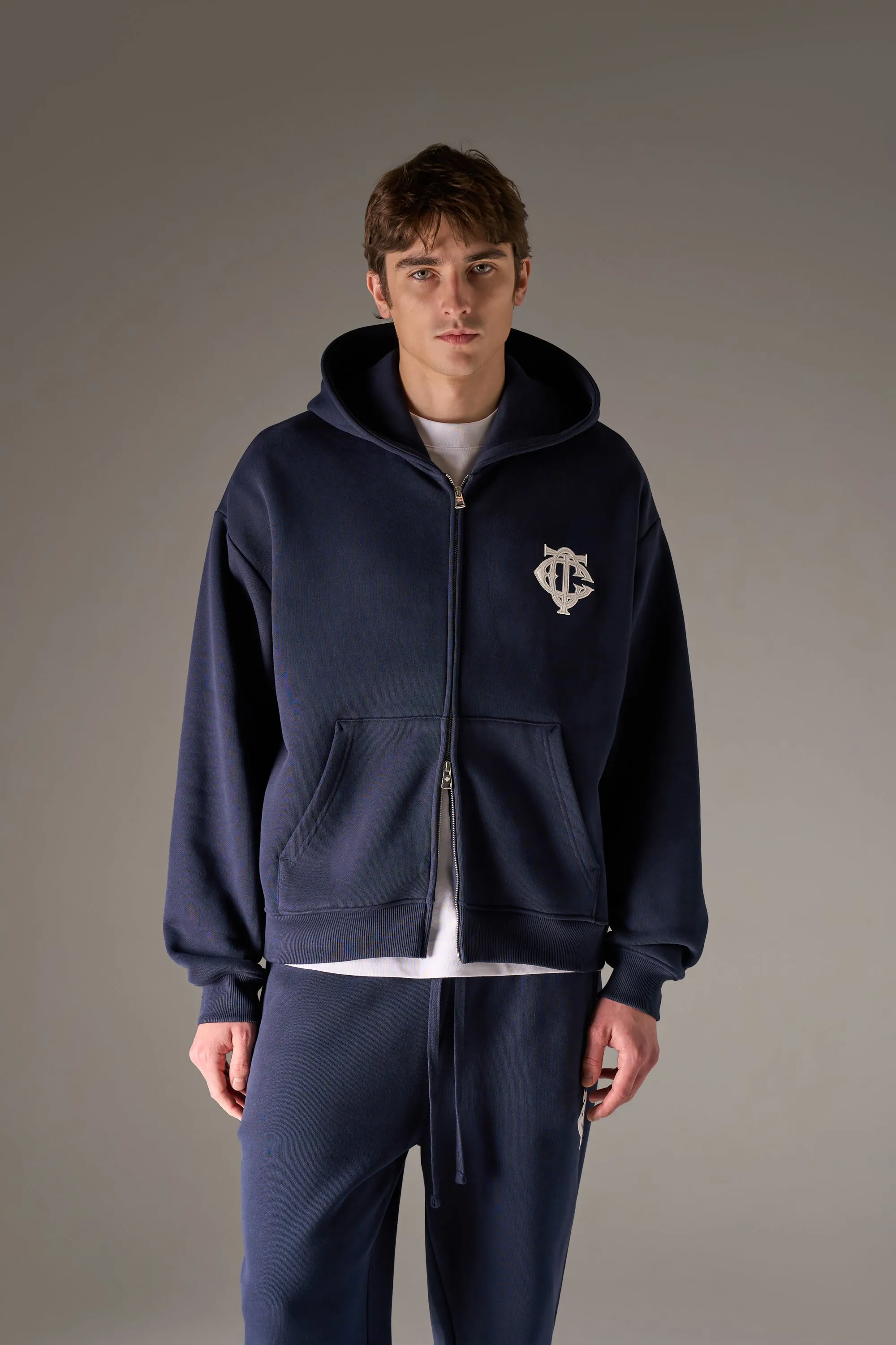 HEAVYWEIGHT MONOGRAM APPLIQUE EMBLEM ZIP THROUGH - NAVY sold by The Couture Club product image thumbnail 4