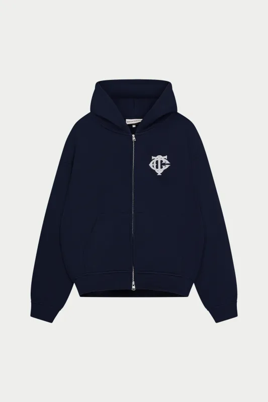 HEAVYWEIGHT MONOGRAM APPLIQUE EMBLEM ZIP THROUGH - NAVY sold by The Couture Club