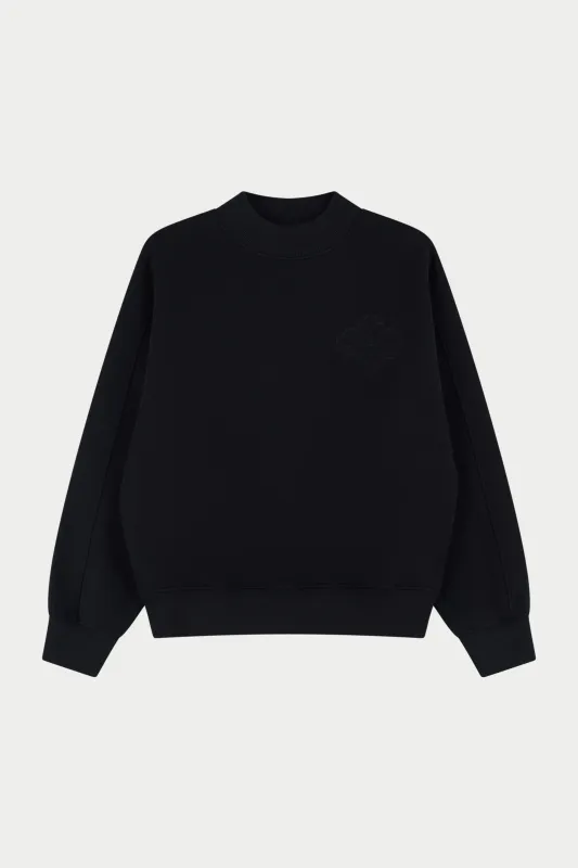 CHENILLE EMBLEM MOCK NECK CREW - BLACK sold by The Couture Club