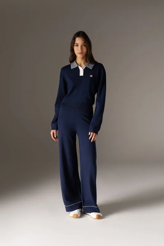 LONG SLEEVE KNITTED COLLAR POLO TOP - NAVY sold by The Couture Club