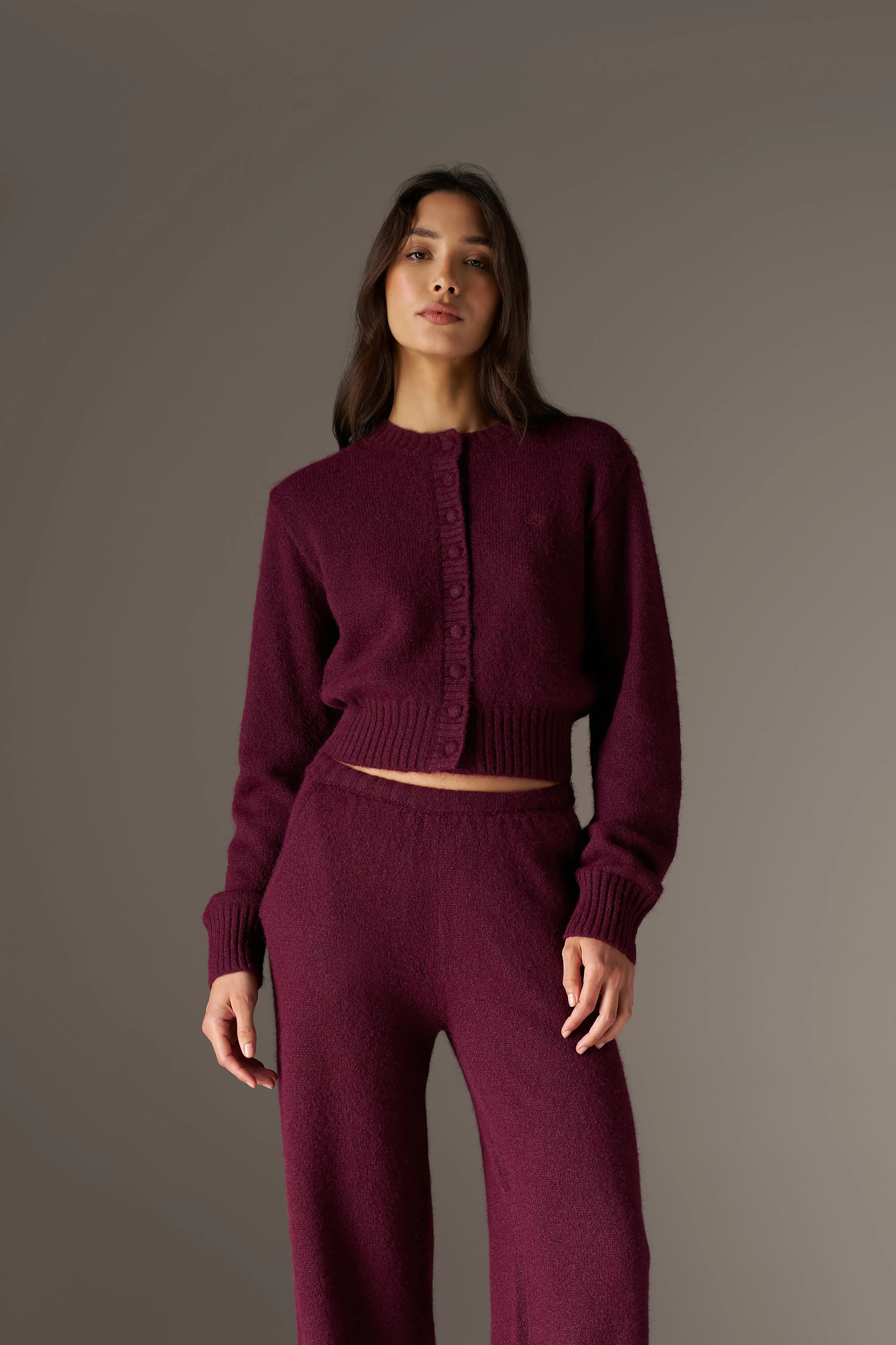 EMBLEM EMBROIDERED KNIT CROP CARDIGAN - PLUM sold by The Couture Club product image thumbnail 2
