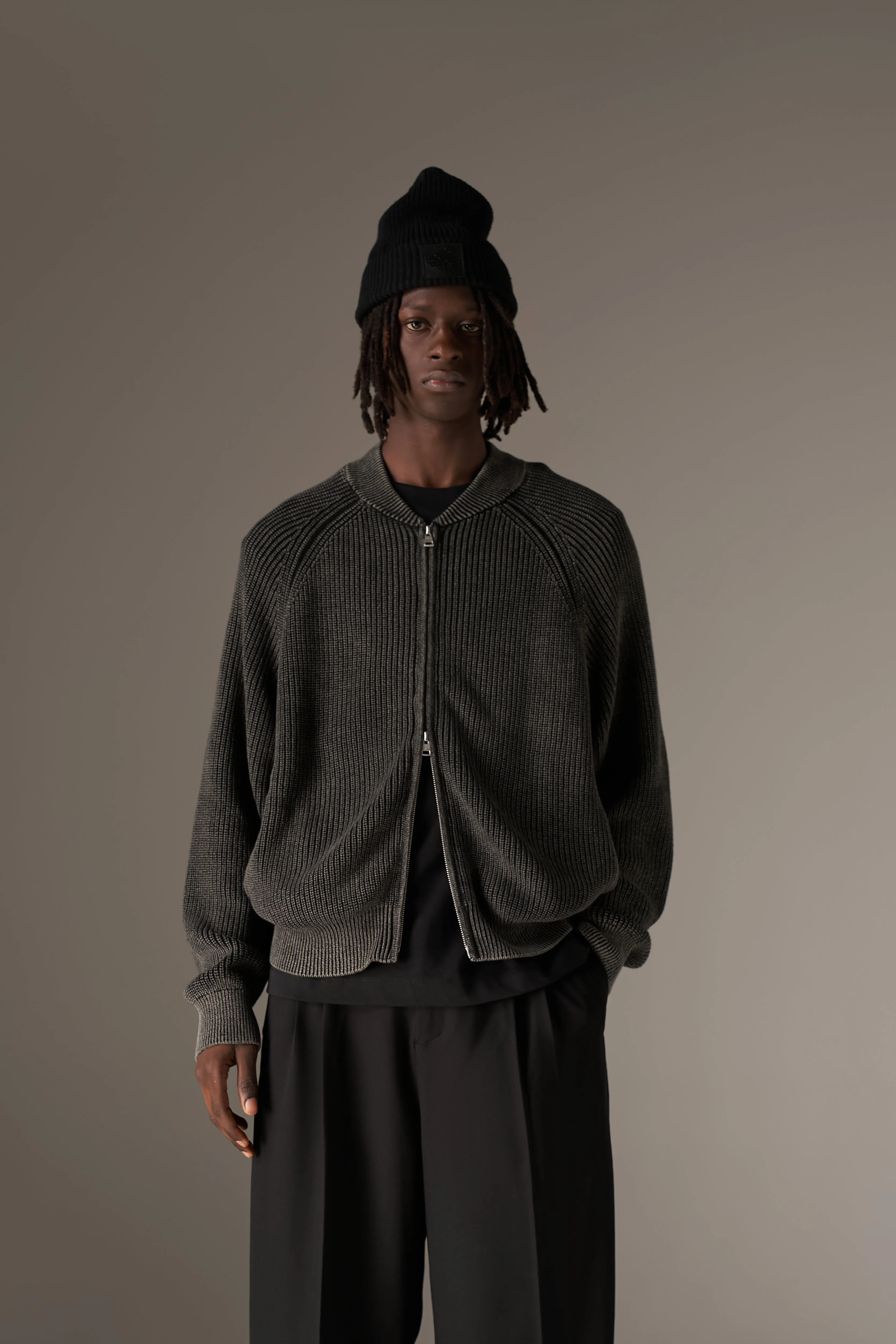 HEAVY WASHED RIB KNIT BOMBER - BLACK sold by The Couture Club product image thumbnail 2