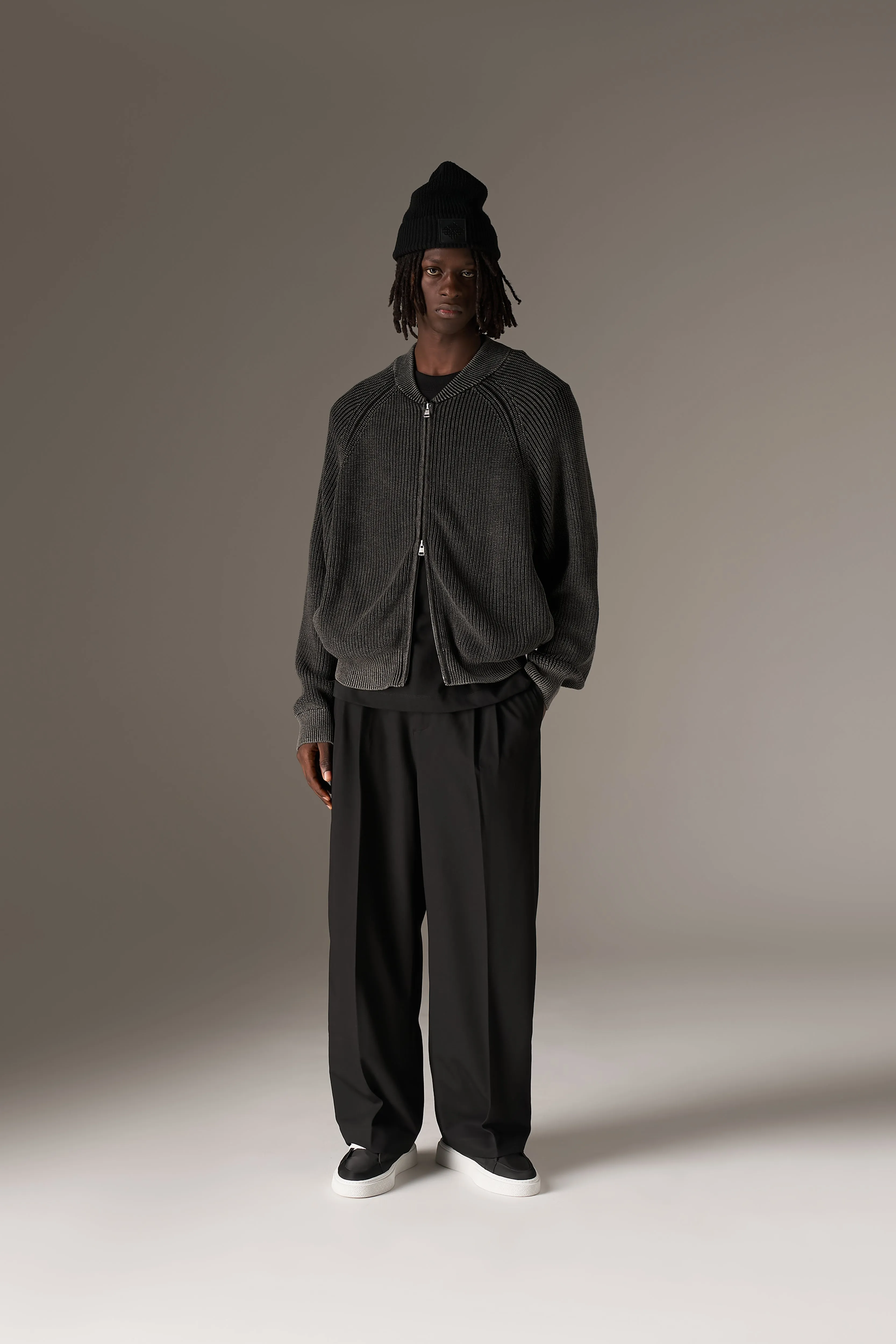 HEAVY WASHED RIB KNIT BOMBER - BLACK sold by The Couture Club product image thumbnail 3