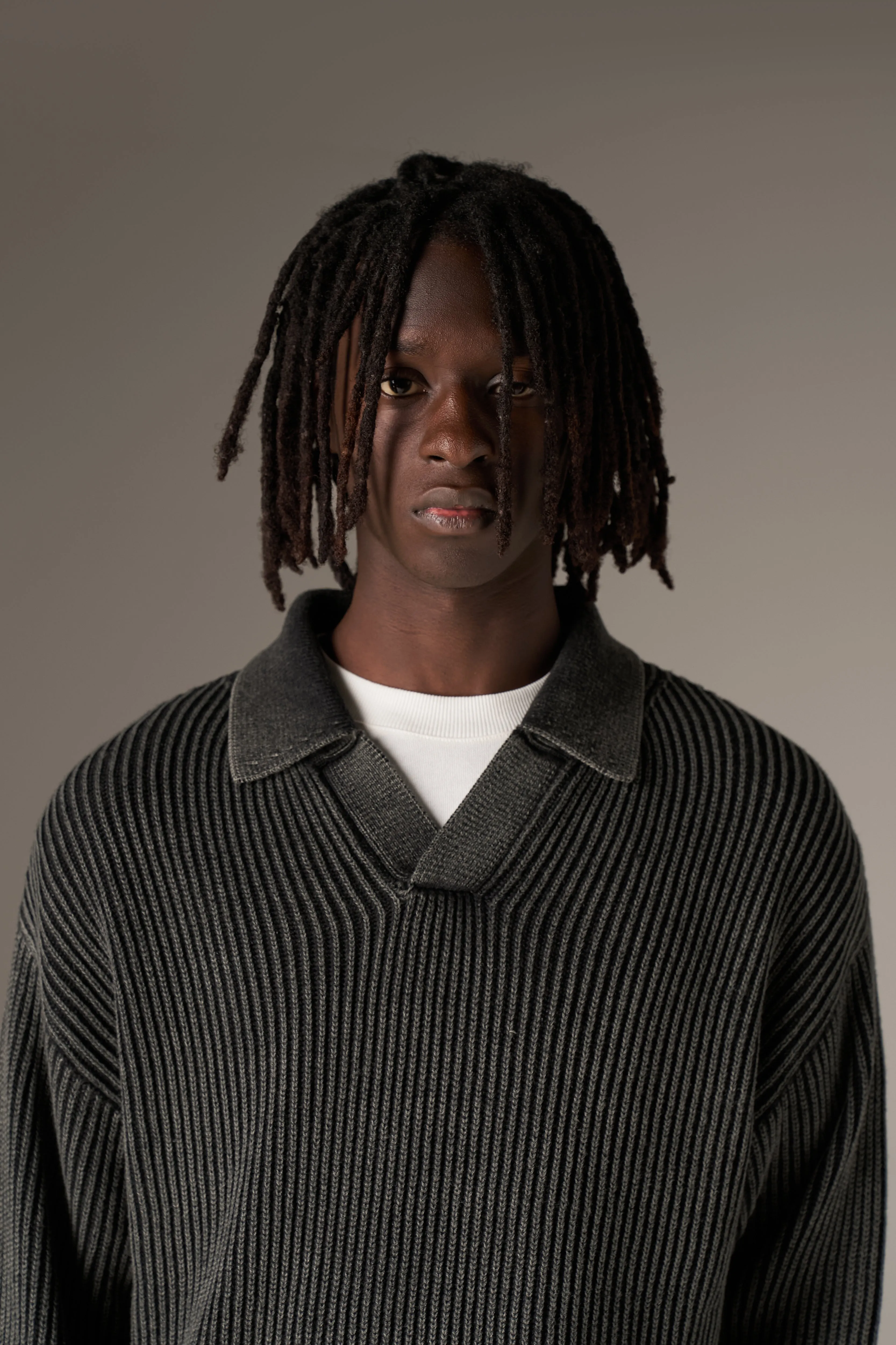 HEAVY WASHED RIB KNIT POLO - BLACK sold by The Couture Club product image thumbnail 4