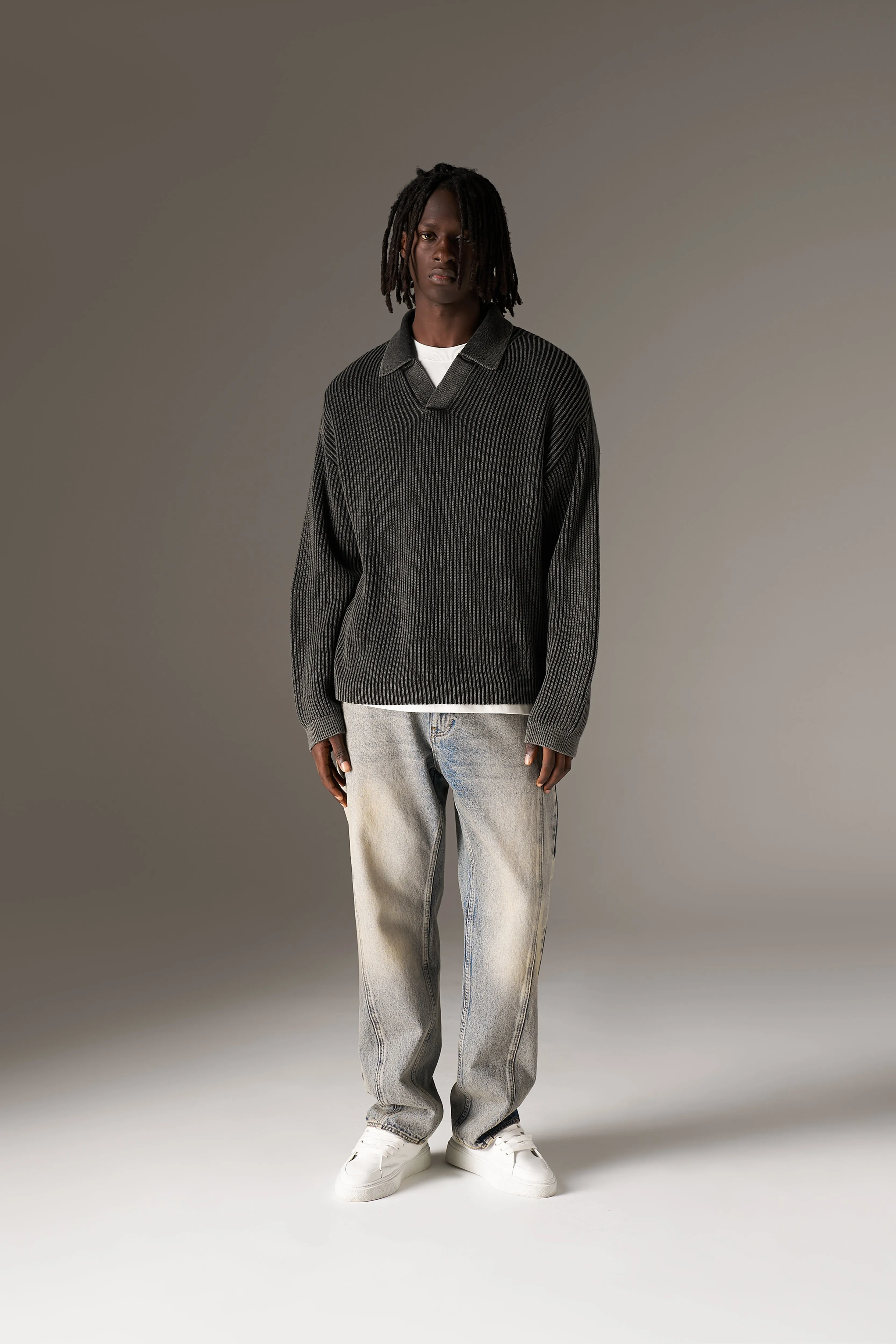 HEAVY WASHED RIB KNIT POLO - BLACK sold by The Couture Club product image thumbnail 3